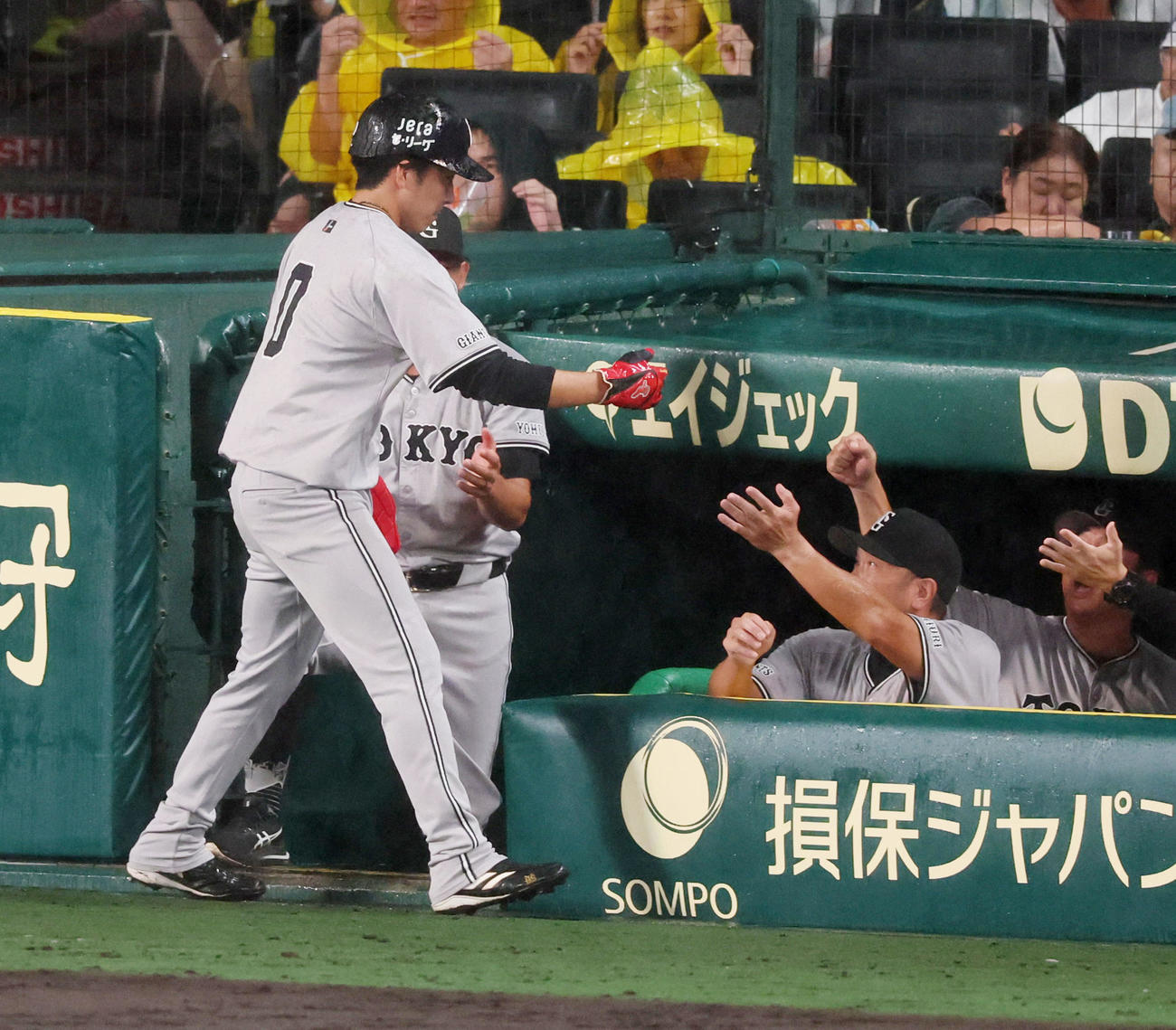 阪神対巨人　7回表巨人無死一、三塁、三塁走者代走増田大がは門脇の中適時打で生還し阿部監督とタッチする（撮影・加藤哉）