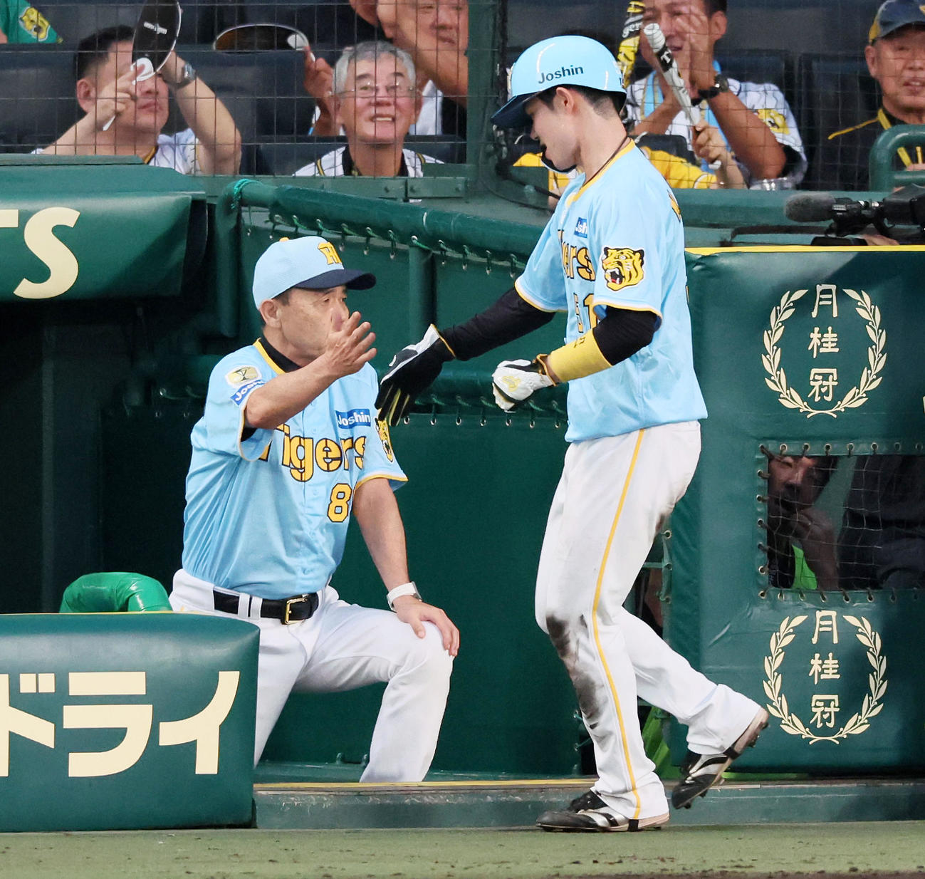 阪神対巨人　1回裏阪神1死一、二塁、大山の右適時打で生還した二塁走者中野（右）を迎える岡田監督（撮影・加藤哉）