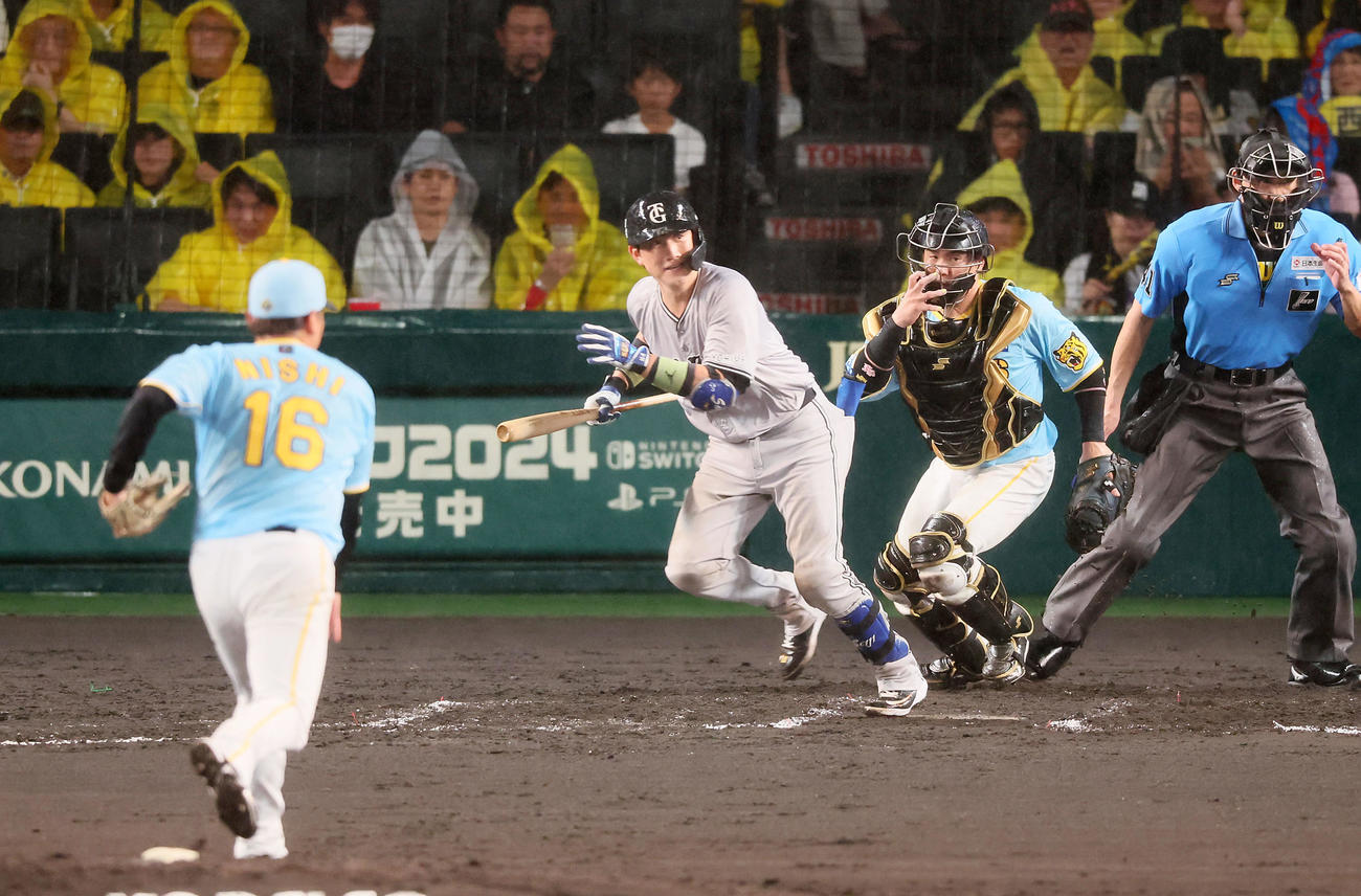 阪神対巨人　7回表巨人無死一、三塁、小林は三塁線にセーフティースクイズ成功させる。投手西勇（撮影・加藤哉）
