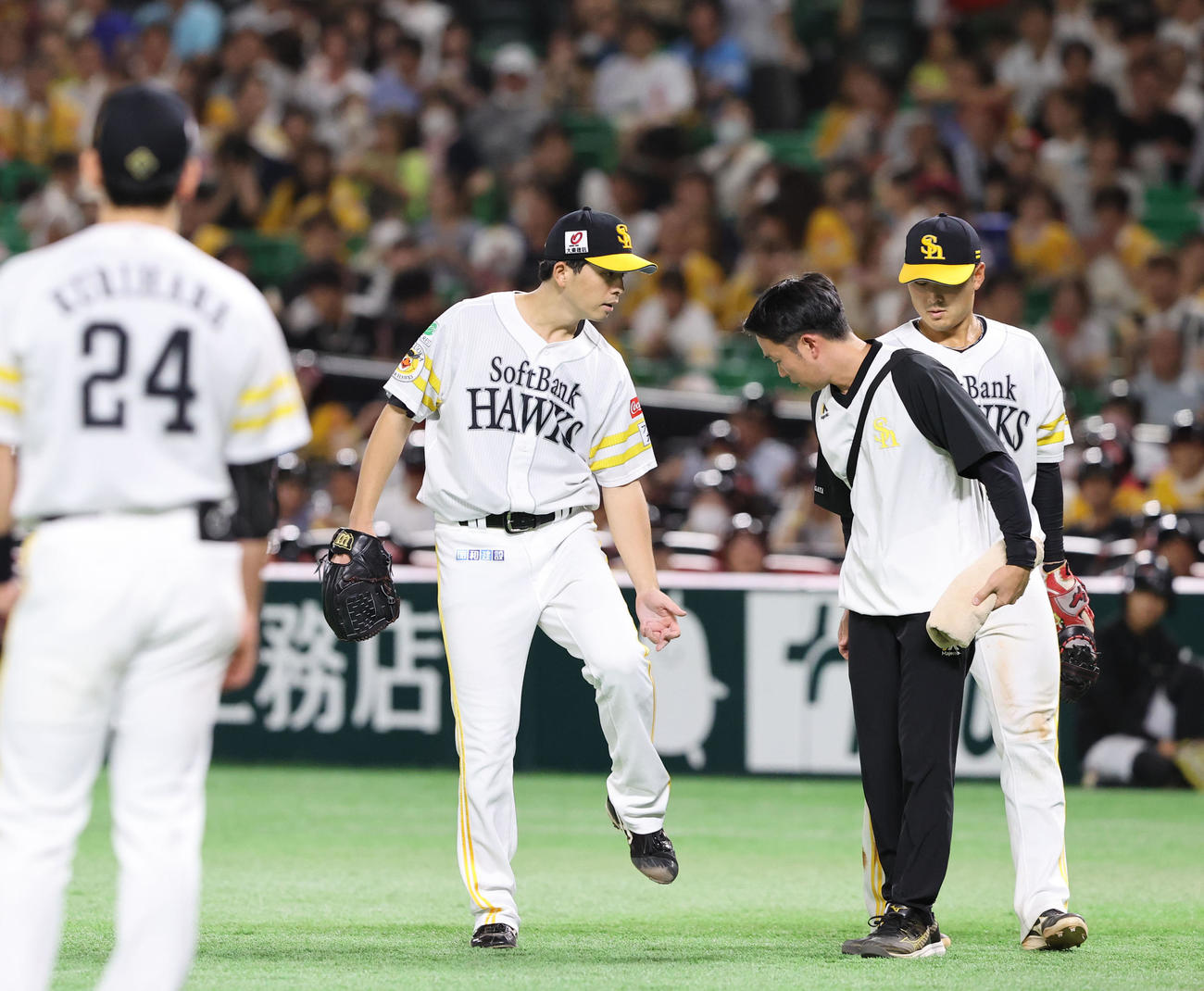ソフトバンク対日本ハム　6回表日本ハム2死、レイエスの打球が左足に当たった大関（中央）（撮影・鬼束羽瑠菜）