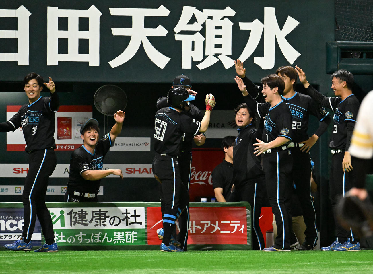 ソフトバンク対日本ハム　9回表日本ハム2死二塁、水谷の勝ち越し適時打に歓喜する日本ハムナイン（撮影・林敢治）