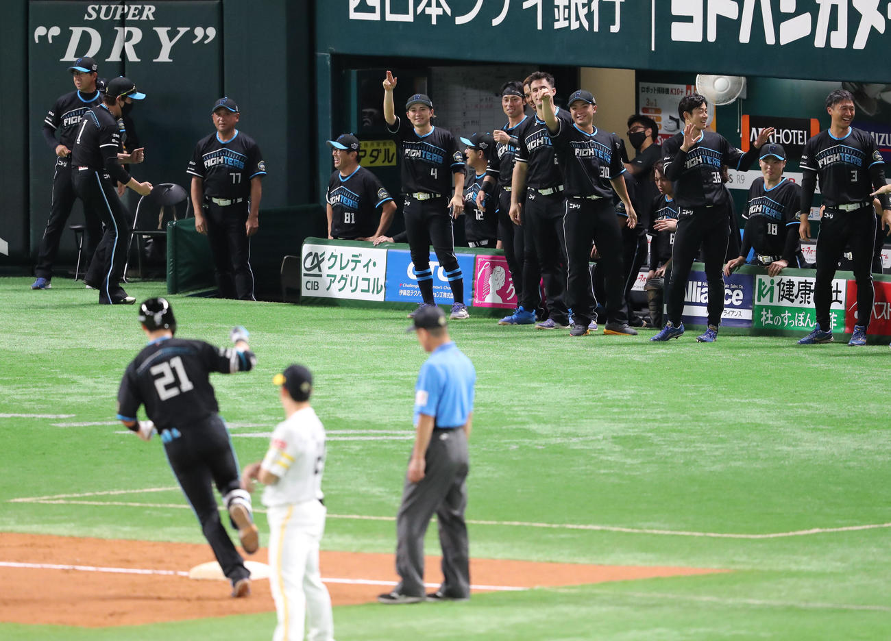 ソフトバンク対日本ハム　9回表日本ハム2死一塁、清宮は右越えに2点本塁打を放つ、盛り上がるナイン（撮影・梅根麻紀）