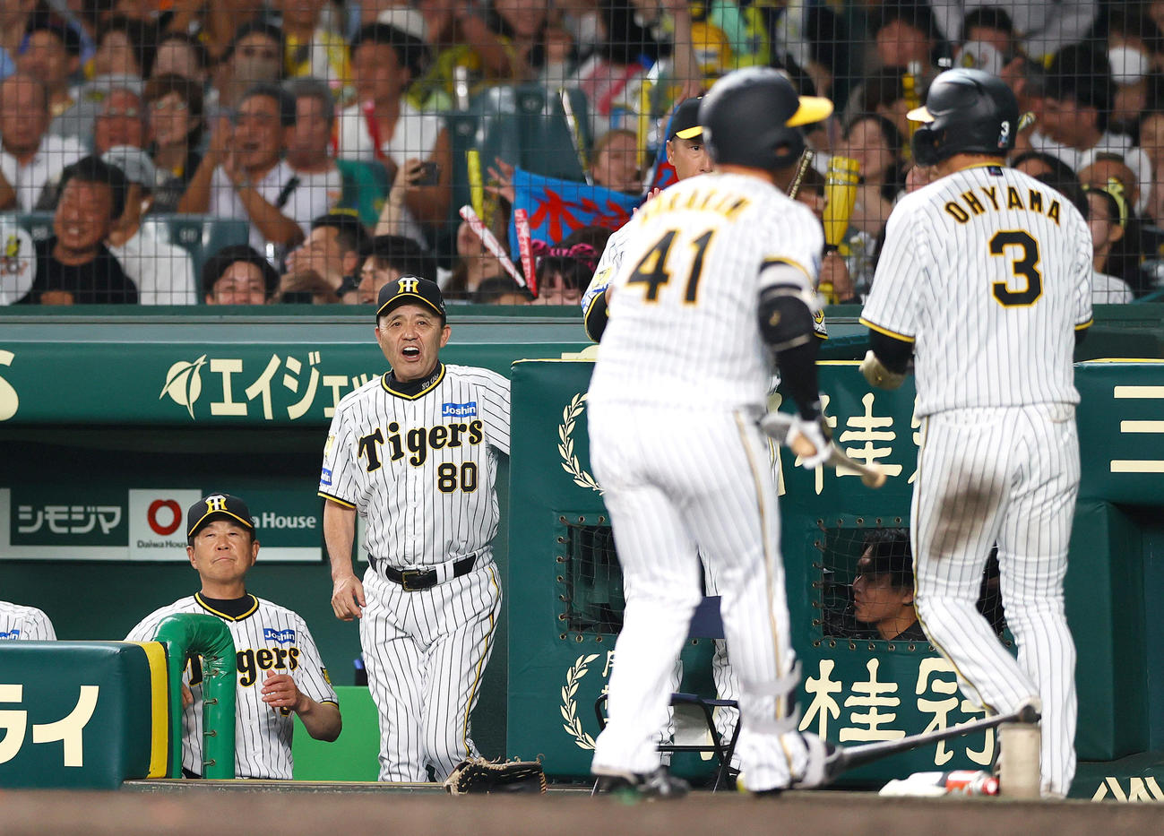 阪神対中日　5回裏阪神1死満塁、木浪が左前適時打を放ち岡田監督（左から2人目）は村上（手前）に向かって大声で話しかける（撮影・上山淳一）