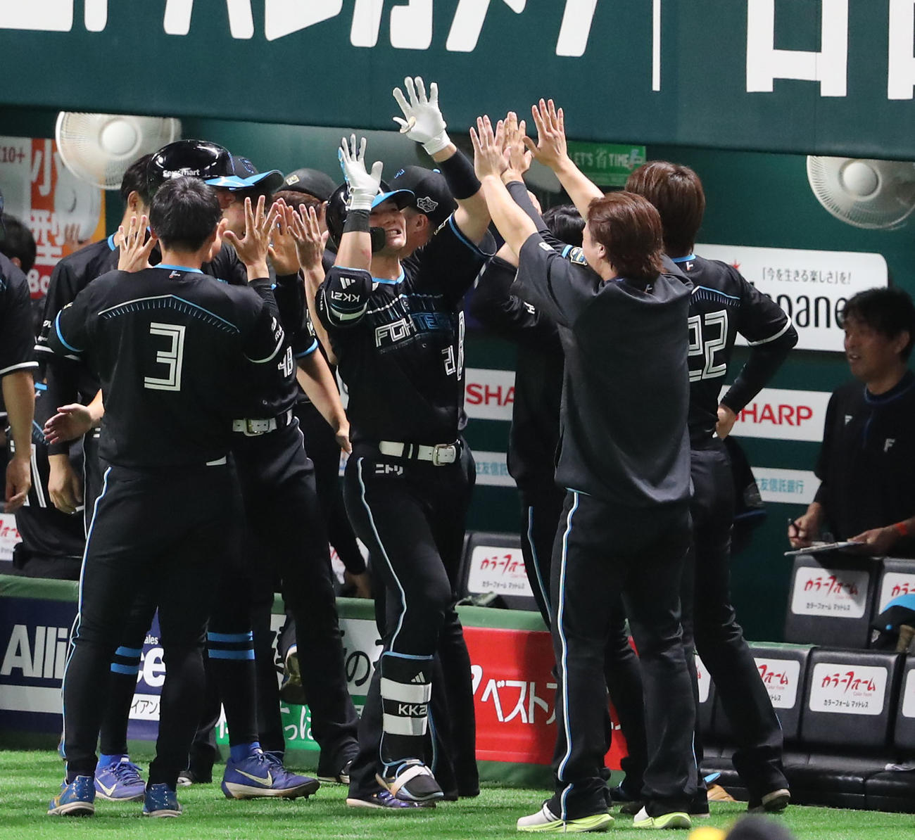 ソフトバンク対日本ハム　9回表日本ハム2死一塁、2点本塁打を放った清宮（中央）はチームメートとハイタッチ（撮影・梅根麻紀）