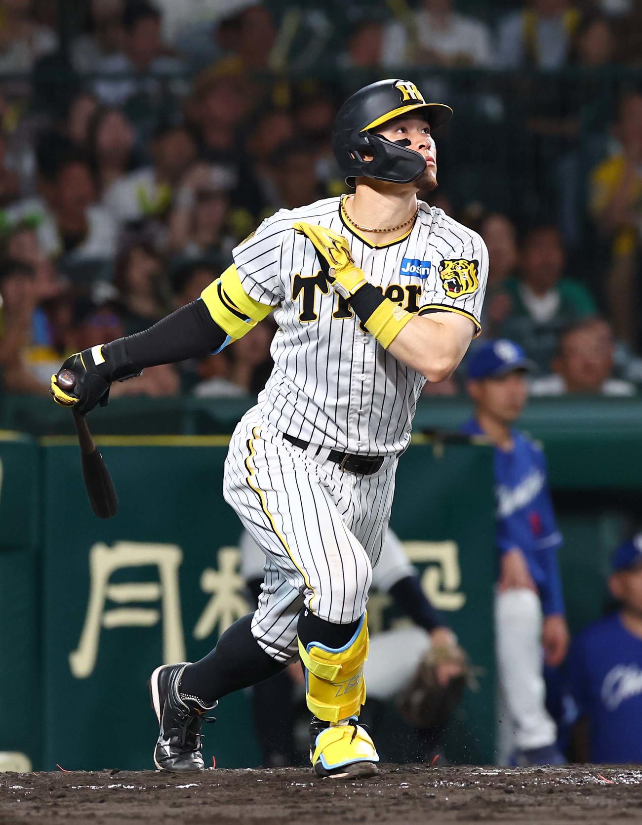 阪神対中日　3回裏阪神1死満塁、佐藤輝は大飛球の右犠飛を放つ（撮影・上田博志）