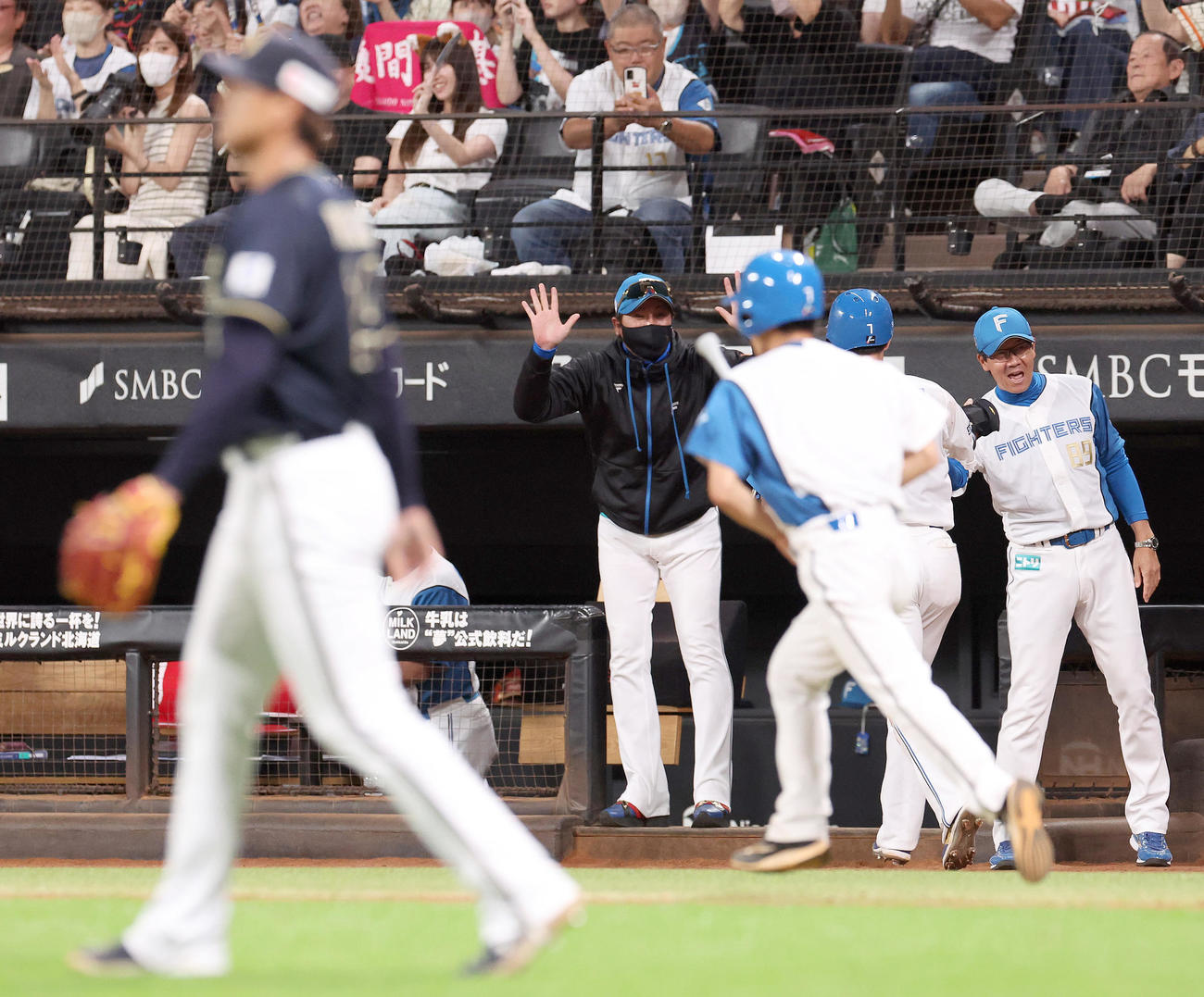 日本ハム対オリックス　6回裏日本ハム1死二、三塁、浅間の中前2点適時打で生還した松本剛を出迎える新庄監督（中央）（撮影・佐藤翔太）