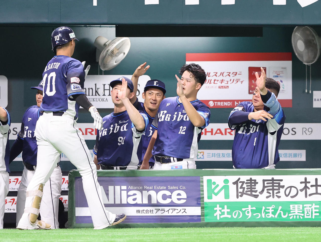 ソフトバンク対西武　4回表西武1死、佐藤龍は右中間に先制本塁打を放ちベンチのナインとハイタッチ（撮影・梅根麻紀）