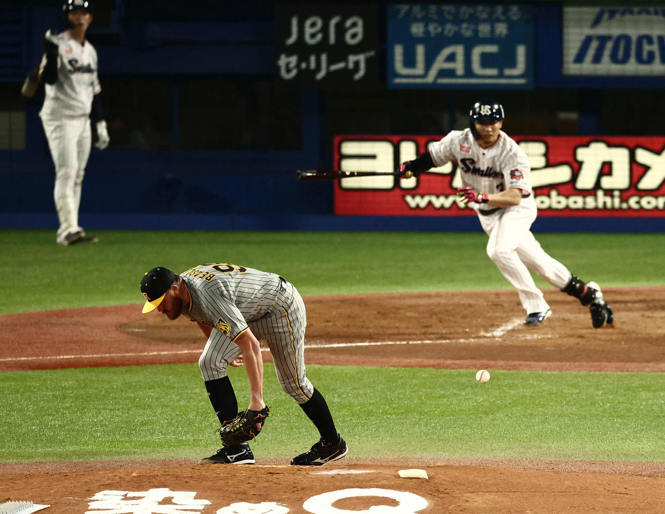 ヤクルト対阪神　3回裏ヤクルト無死、西川の打球が当たるビーズリー（撮影・河田真司）