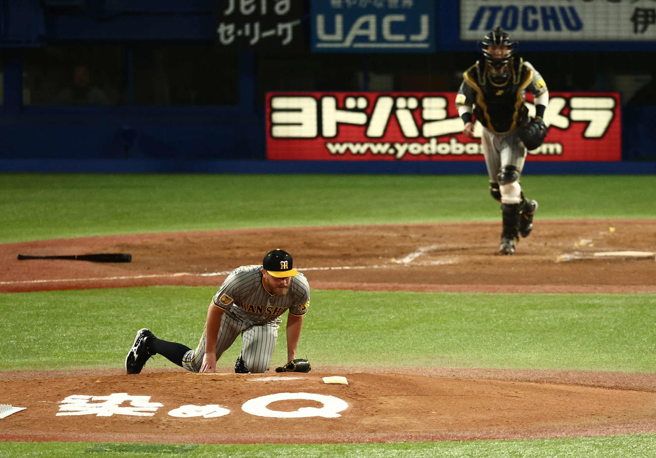 ヤクルト対阪神　3回裏ヤクルト無死、西川の打球が当たるビーズリー（撮影・河田真司）