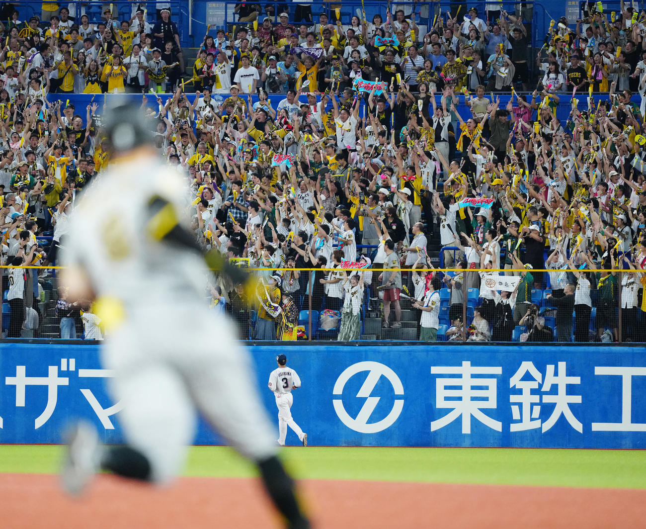 ヤクルト対阪神　1回表阪神1死一塁、佐藤輝（手前）が2点本塁打を放ち、歓喜するファン（撮影・江口和貴）