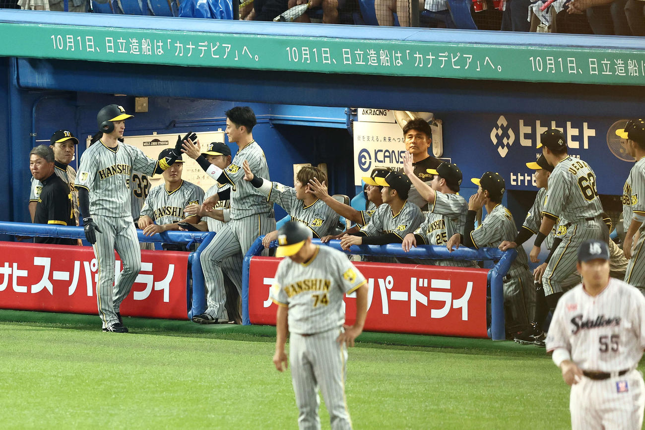ヤクルト対阪神　1回表阪神1死二塁、森下の左前先制適時二塁打で生還し、チームメートに迎えられる近本（左から3人目）（撮影・河田真司）