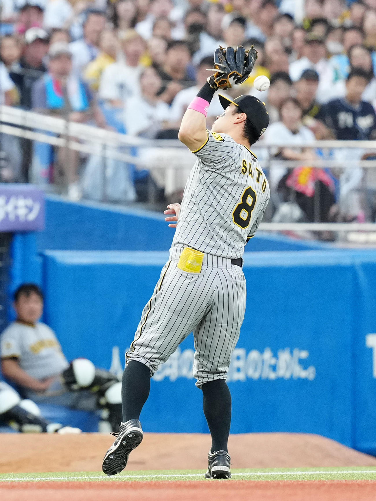 ヤクルト対阪神　3回裏ヤクルト1死、長岡の打球を落球する三塁手佐藤輝（撮影・江口和貴）
