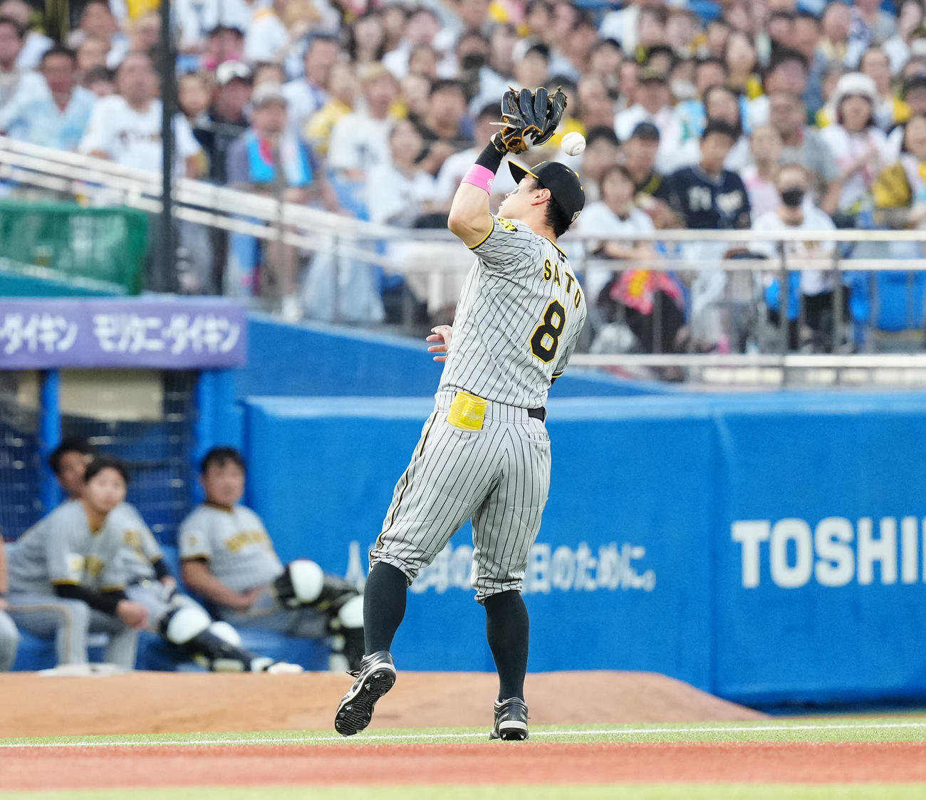 ヤクルト対阪神　3回裏ヤクルト1死、長岡の打球を落球する三塁手佐藤輝（撮影・江口和貴）