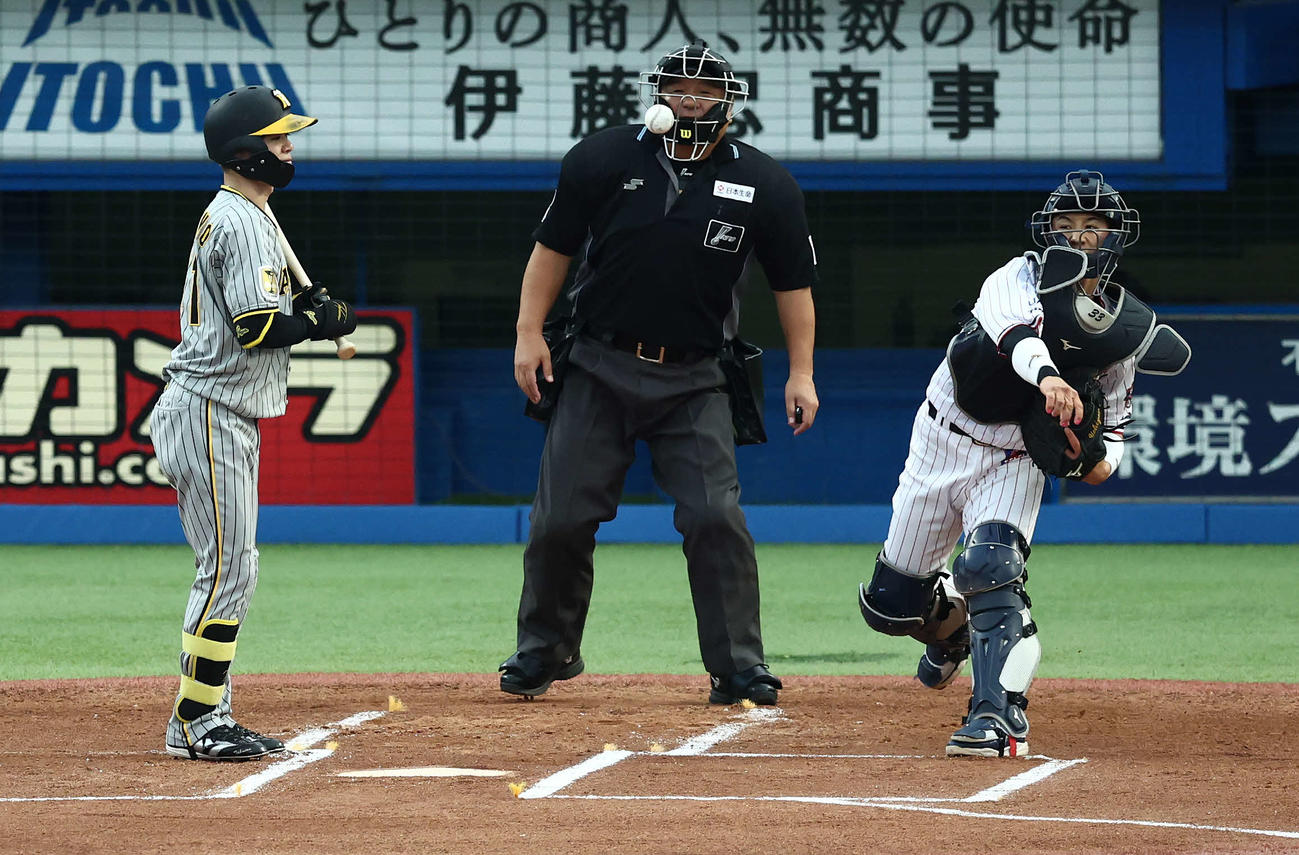 ヤクルト対阪神　1回表阪神無死一塁、打者中野の時、二盗を試みる一走近本を刺す内山（撮影・河田真司）