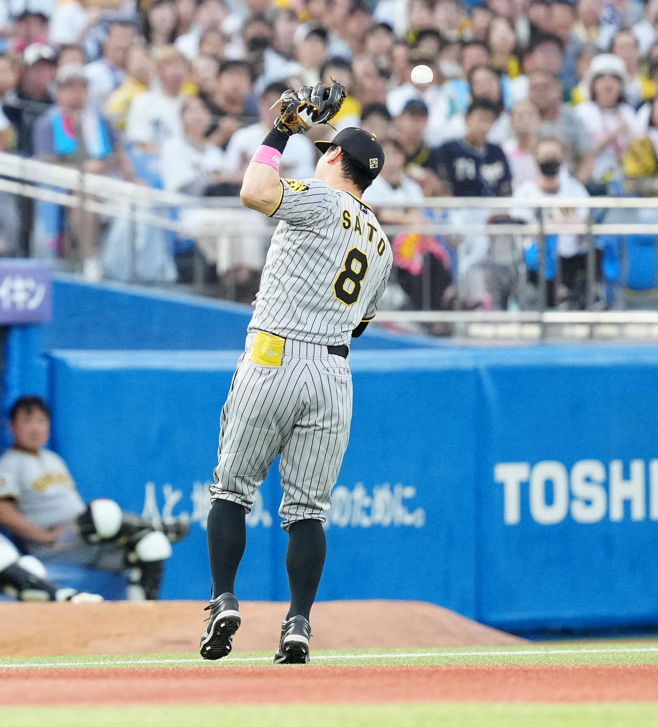 ヤクルト対阪神　3回裏ヤクルト1死、長岡の打球を落球する三塁手佐藤輝（撮影・江口和貴）