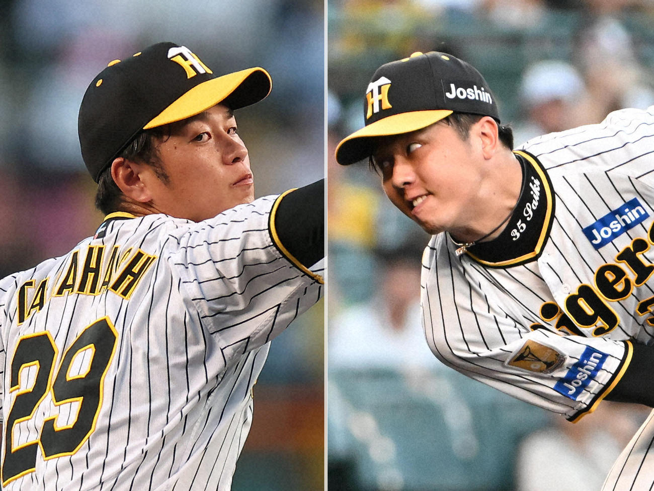 阪神高橋遥人（左）と才木浩人
