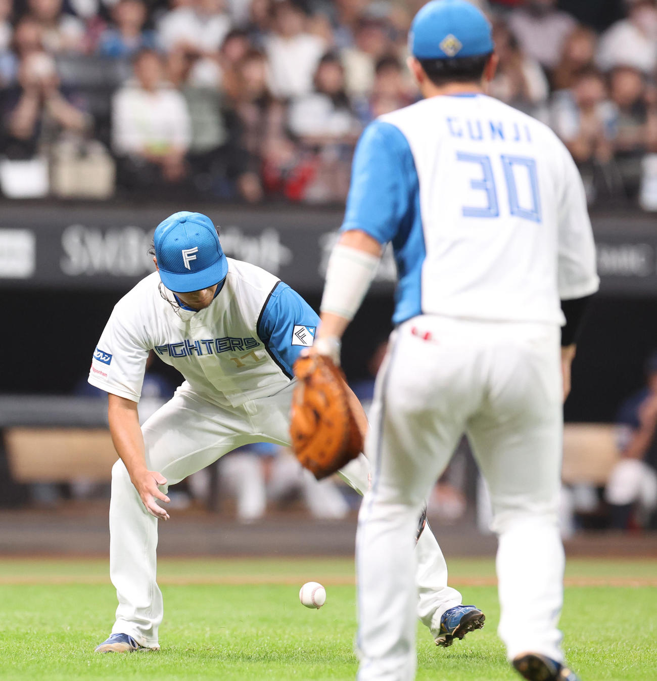 日本ハム対西武　8回表西武1死一塁、柘植のバントをあえて捕球せず落とす伊藤（撮影・佐藤翔太）