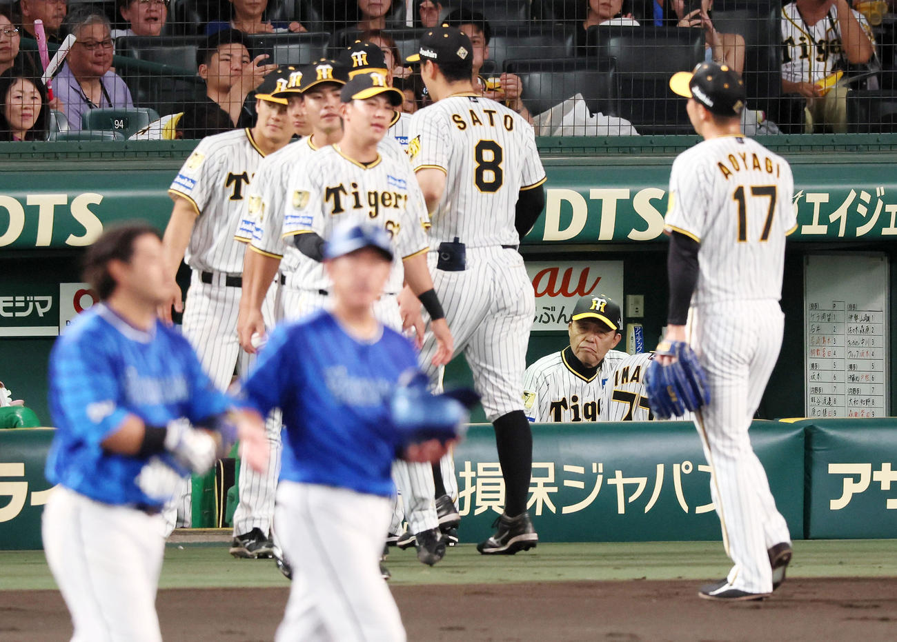 阪神対DeNA 2回表DeNA1死一塁、青柳（右）が宮崎を遊ゴロ併殺に仕留めベンチからグラウンドを見る岡田監督（撮影・加藤哉）