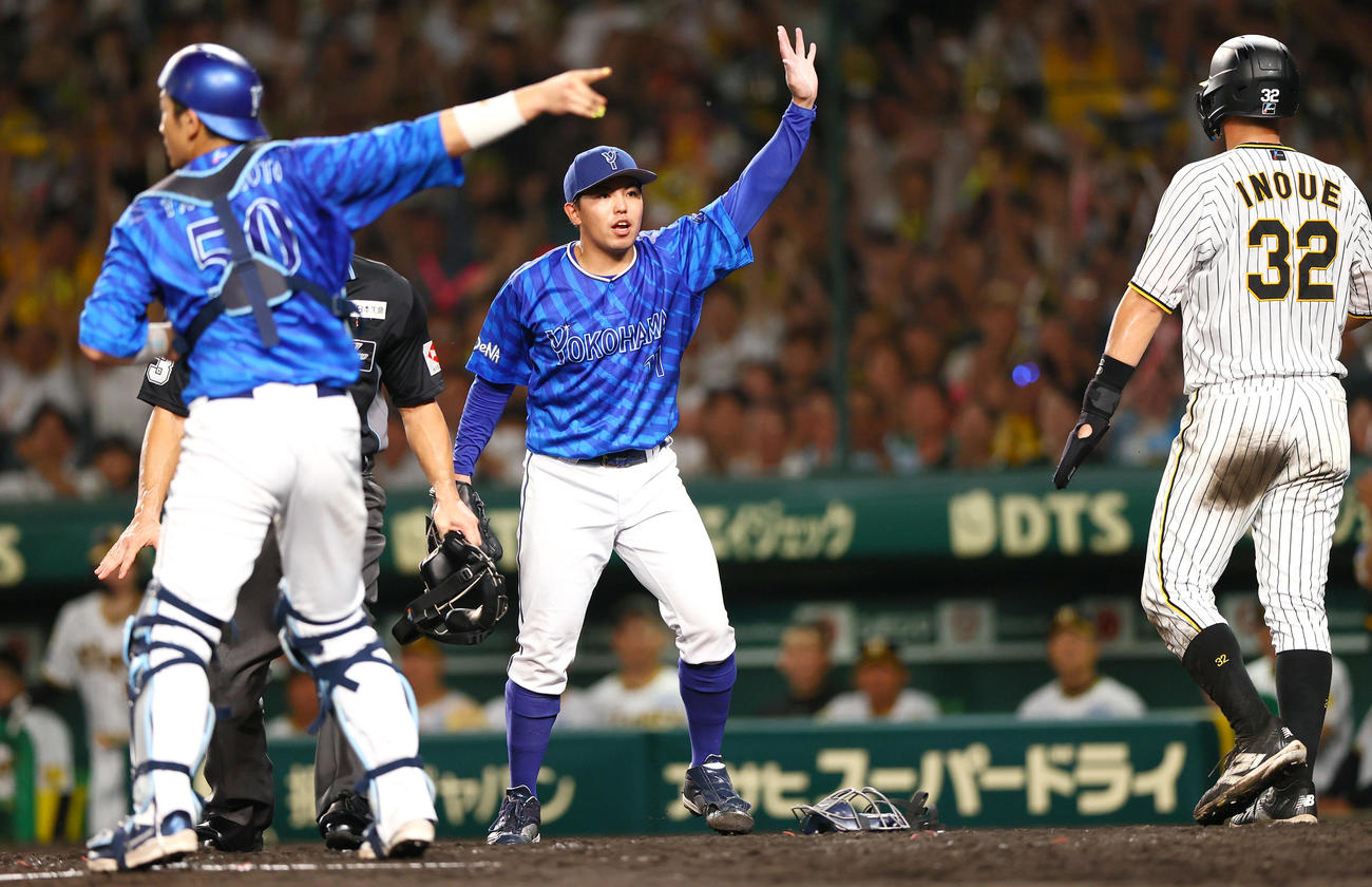 阪神対DeNA 5回裏阪神1死一、三塁、青柳のセーフティースクイズで三走井上（右）の生還に対しベンチにリクエストを要求する東（中央）（撮影・上山淳一）