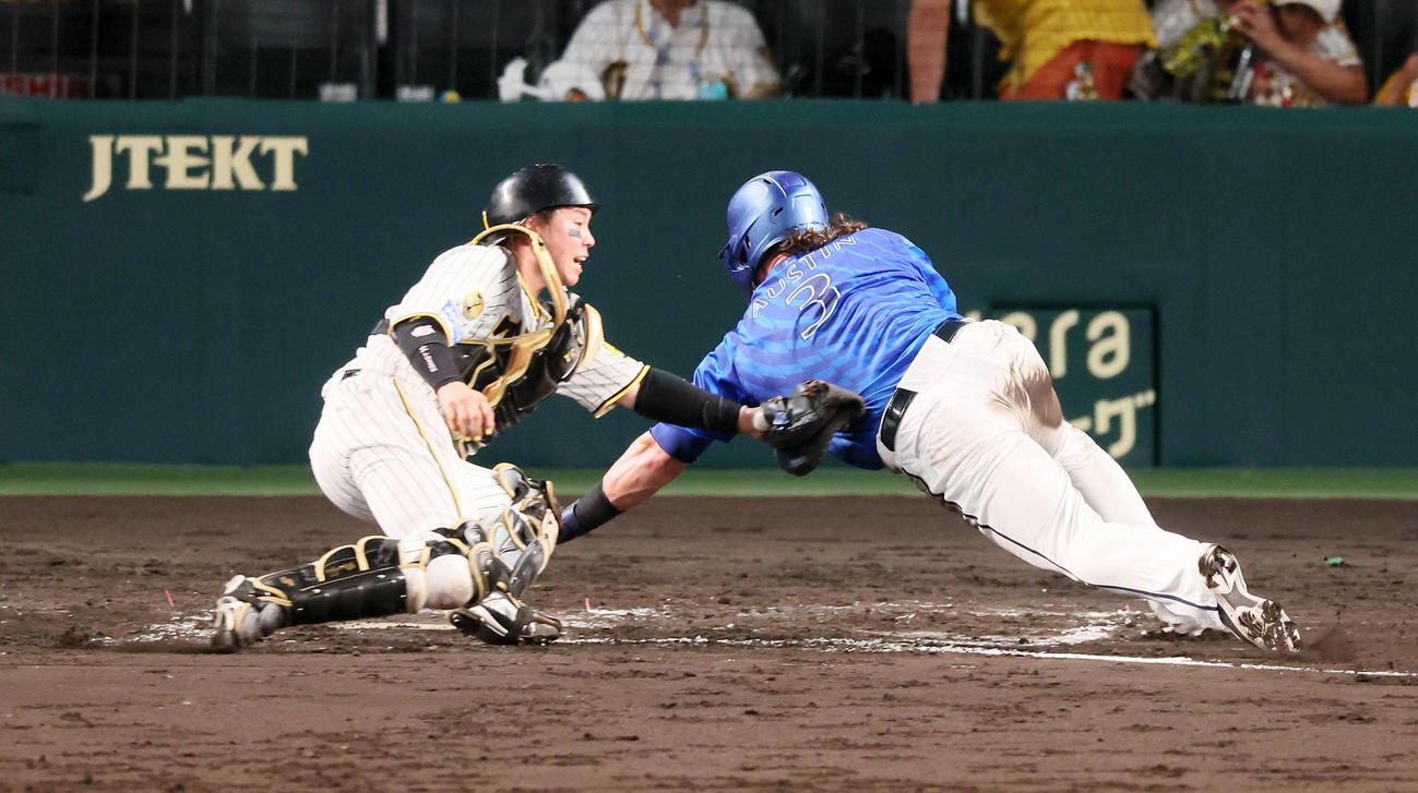 阪神対DeNA 7回表DeNA1死二、三塁、三走オースティンは宮崎の右飛で本塁突入も憤死。捕手梅野（撮影・加藤哉）