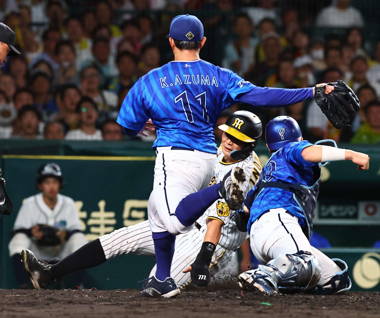 阪神対DeNA 4回裏阪神1死一、三塁、青柳のセーフティースクイズで生還する井上（撮影・上田博志）