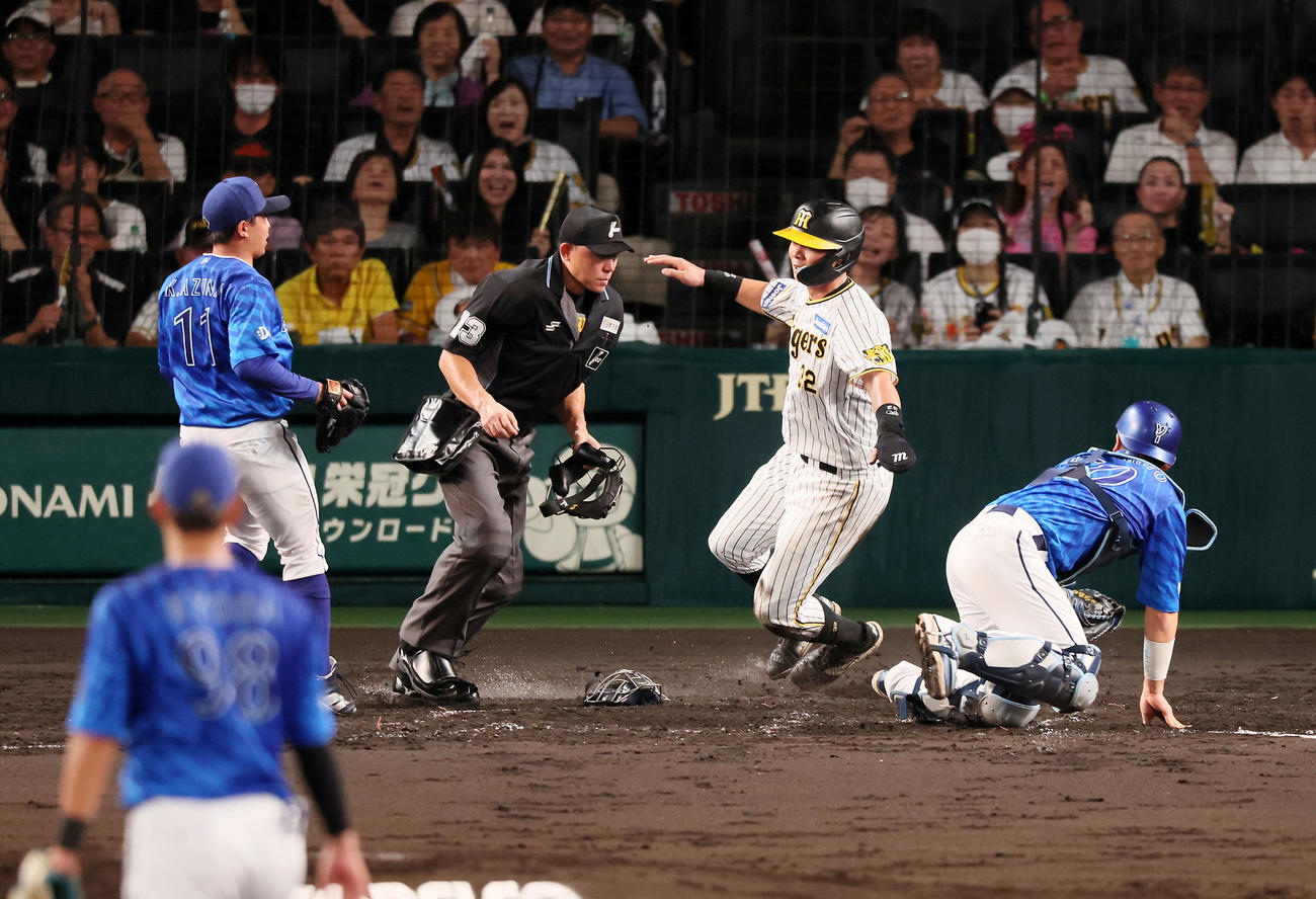 阪神対DeNA 4回裏阪神1死一、三塁、三走井上は青柳の投前スクイズバントで本塁へ生還し同点となる。左は投手東、右は捕手山本（撮影・加藤哉）