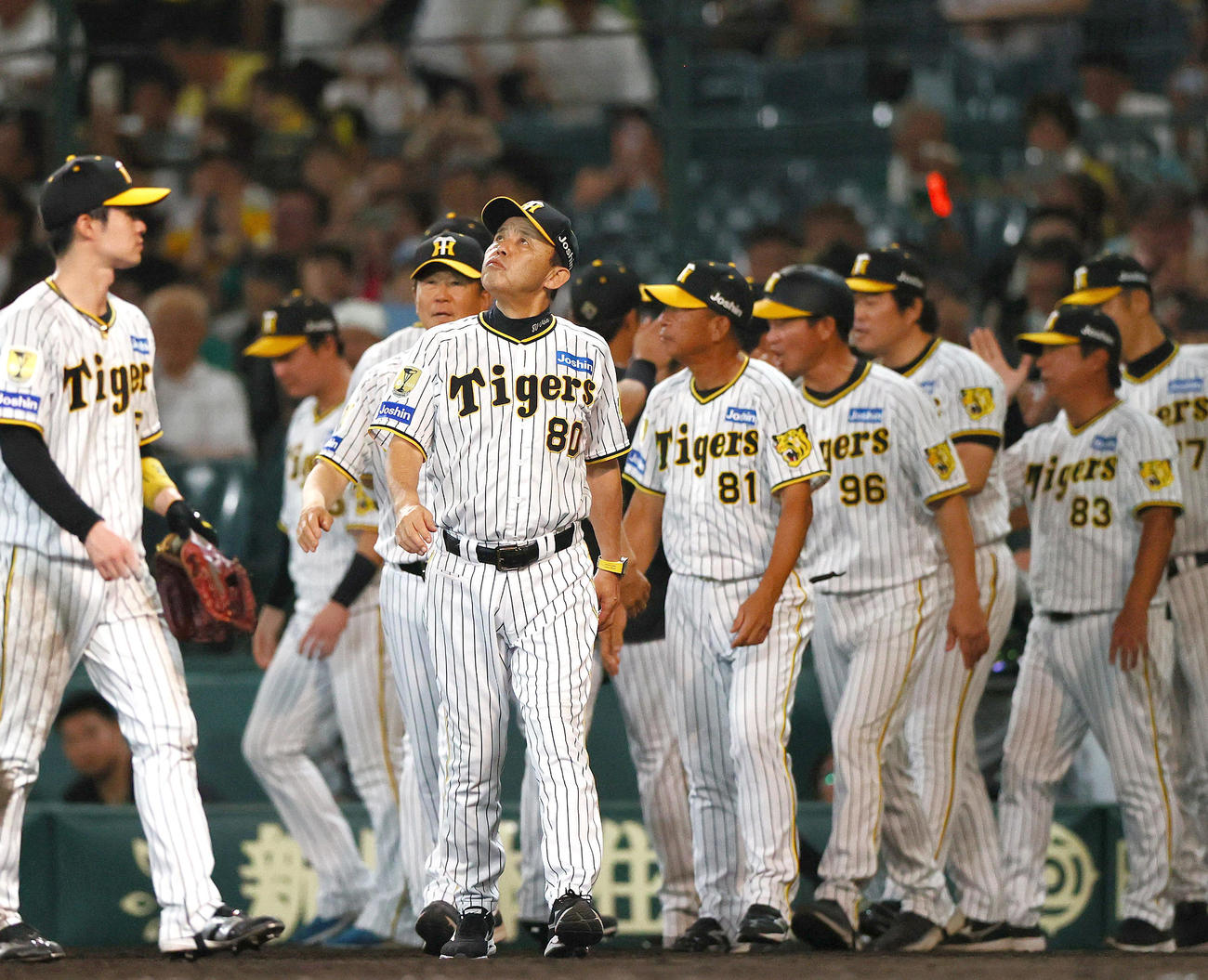 阪神対DeNA DeNAに勝利した阪神岡田監督はナインとタッチをかわし空を見上げる（撮影・上山淳一）