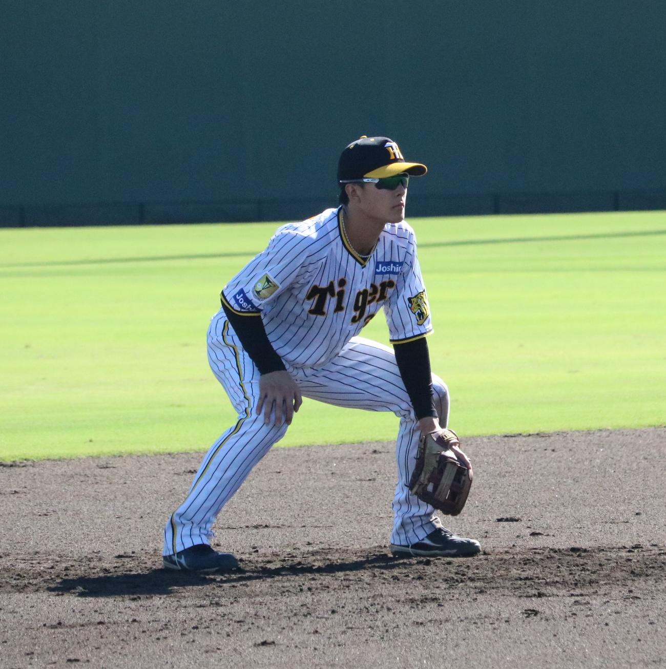 阪神対日本海リーグ選抜　阪神の小幡竜平内野手が遊撃守備に就く（撮影・林亮佑）＝2024年9月11日、鳴尾浜球場