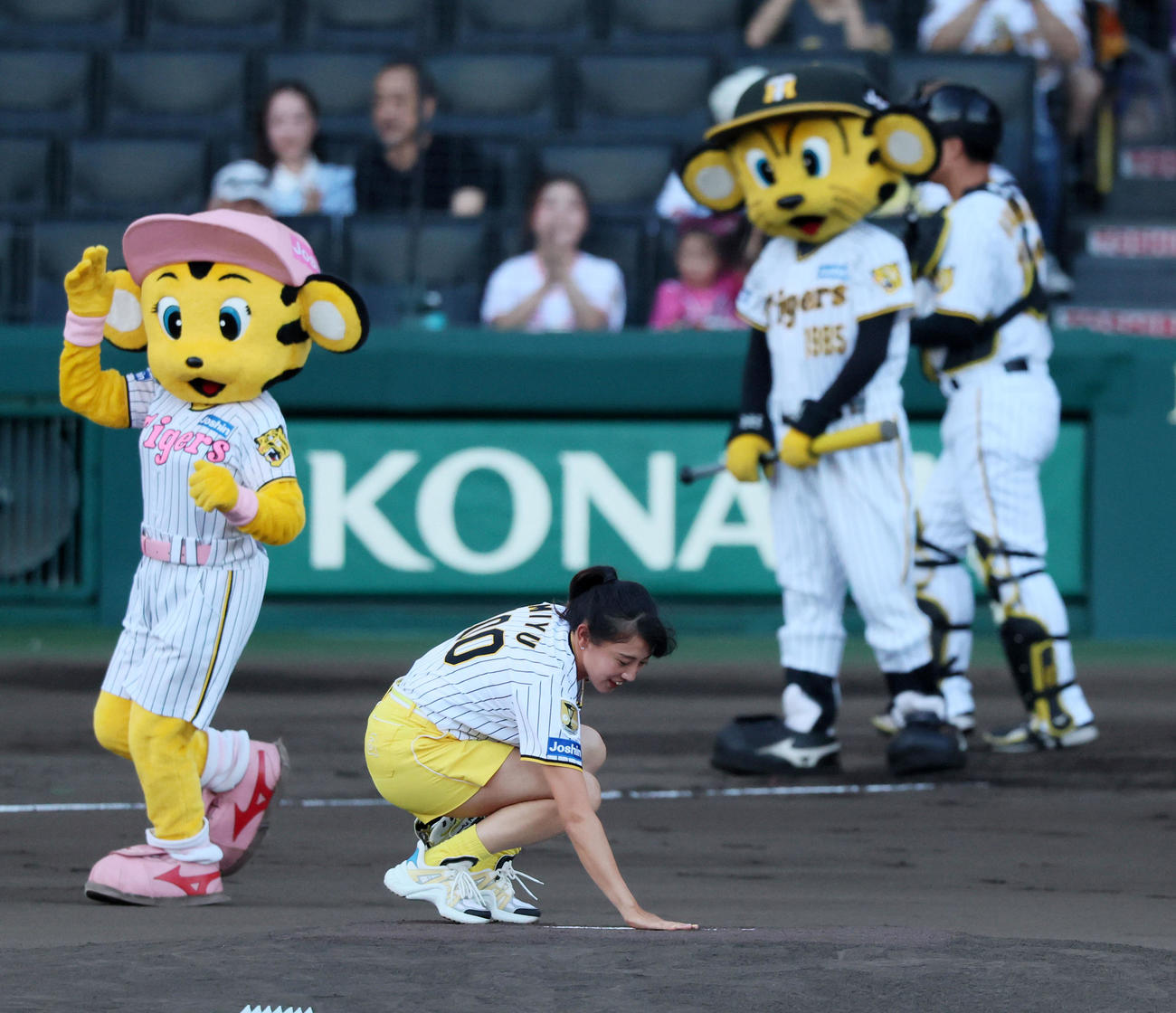 阪神対DeNA　ファーストピッチセレモニーを行った女子プロテニス選手の加藤未唯はマウンドの土を丁寧にならして引き揚げる（撮影・加藤哉）
