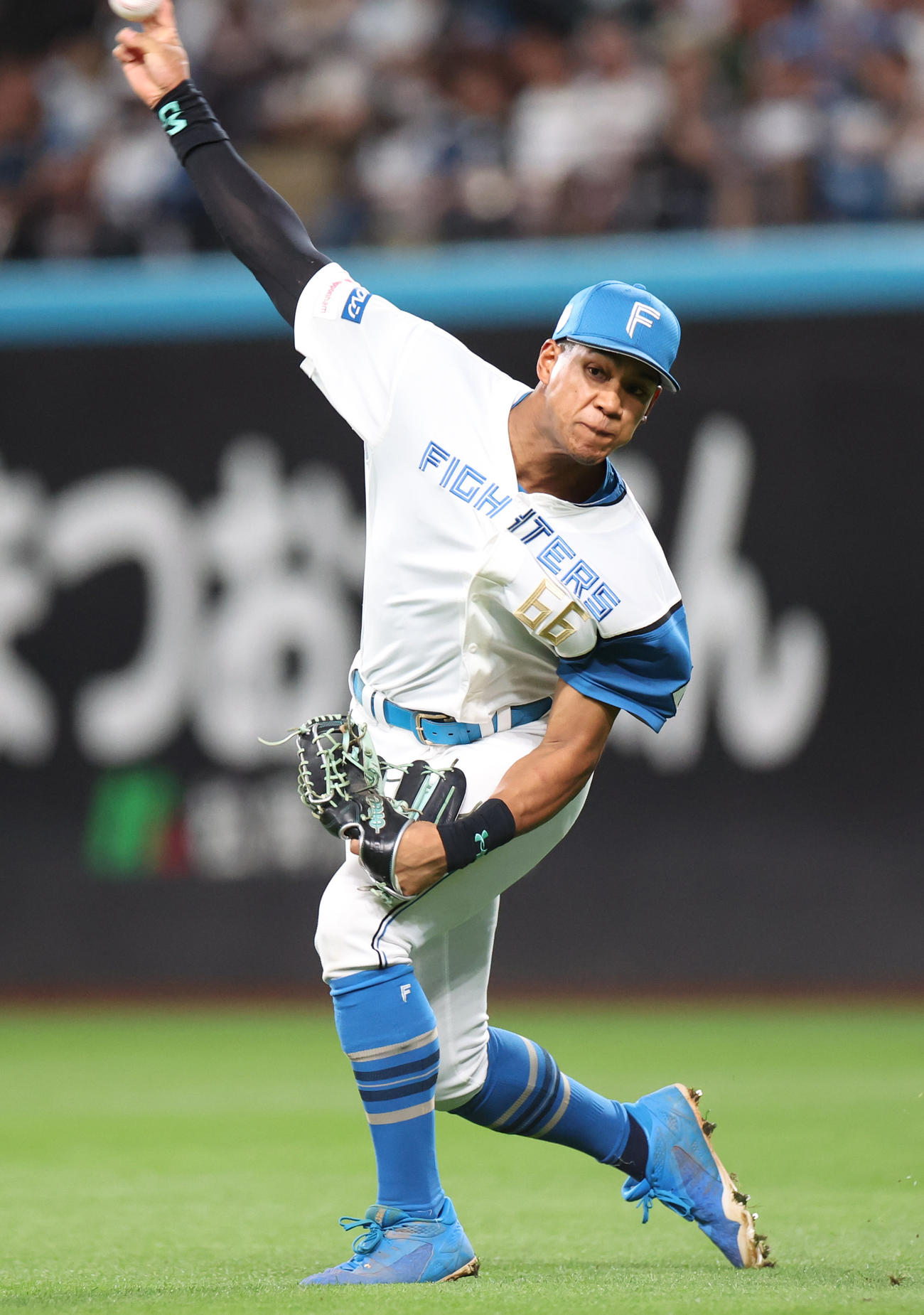 日本ハム対西武　6回表西武2死二塁、西川の右前打で生還を試みる二塁走者の長谷川を本塁で補殺する万波（撮影・佐藤翔太）