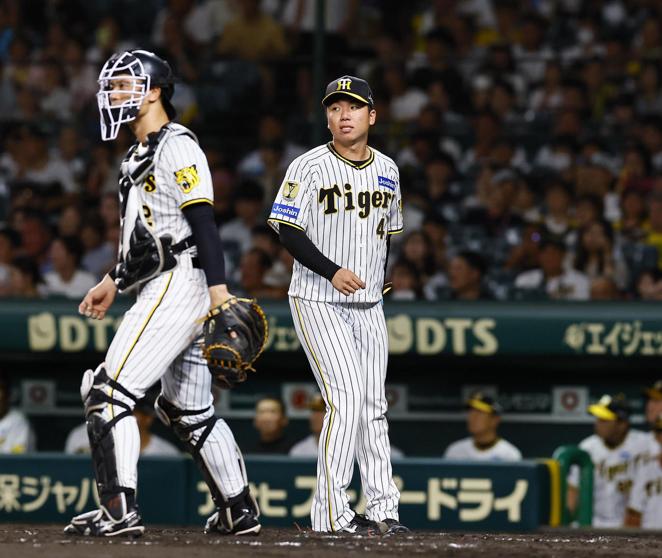 阪神対DeNA 3回表DeNA1死二、三塁、牧に勝ち越し適時打を許した村上頌樹（右）と坂本（撮影・藤尾明華）