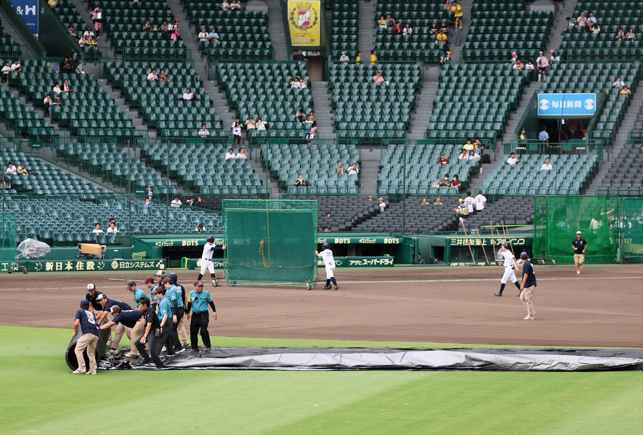 阪神対DeNA　グラウンドにシートを掛ける阪神園芸の職員たち（撮影・加藤哉）