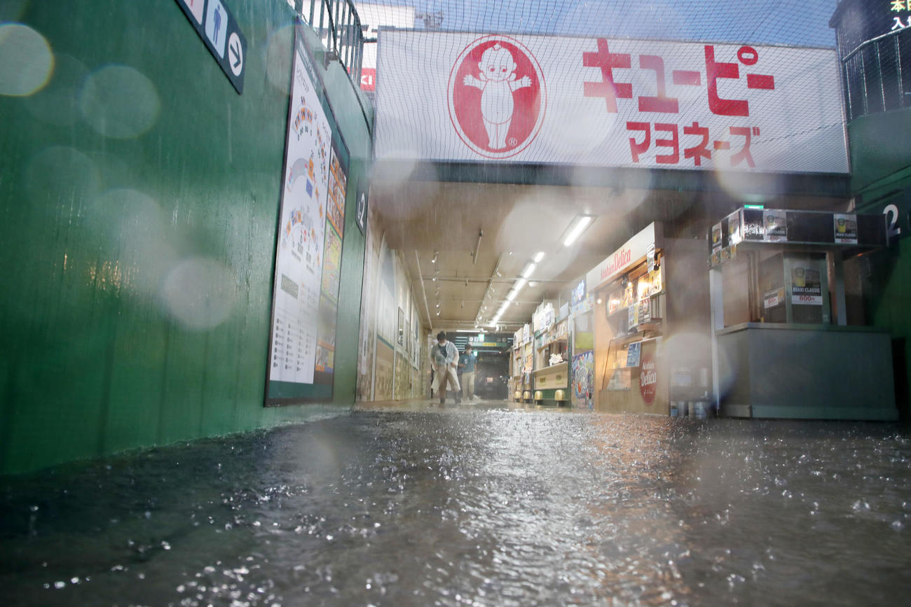 阪神対DeNA　試合前の雷雨で中止となった甲子園球場。外野通路は浸水状態に（撮影・加藤哉）