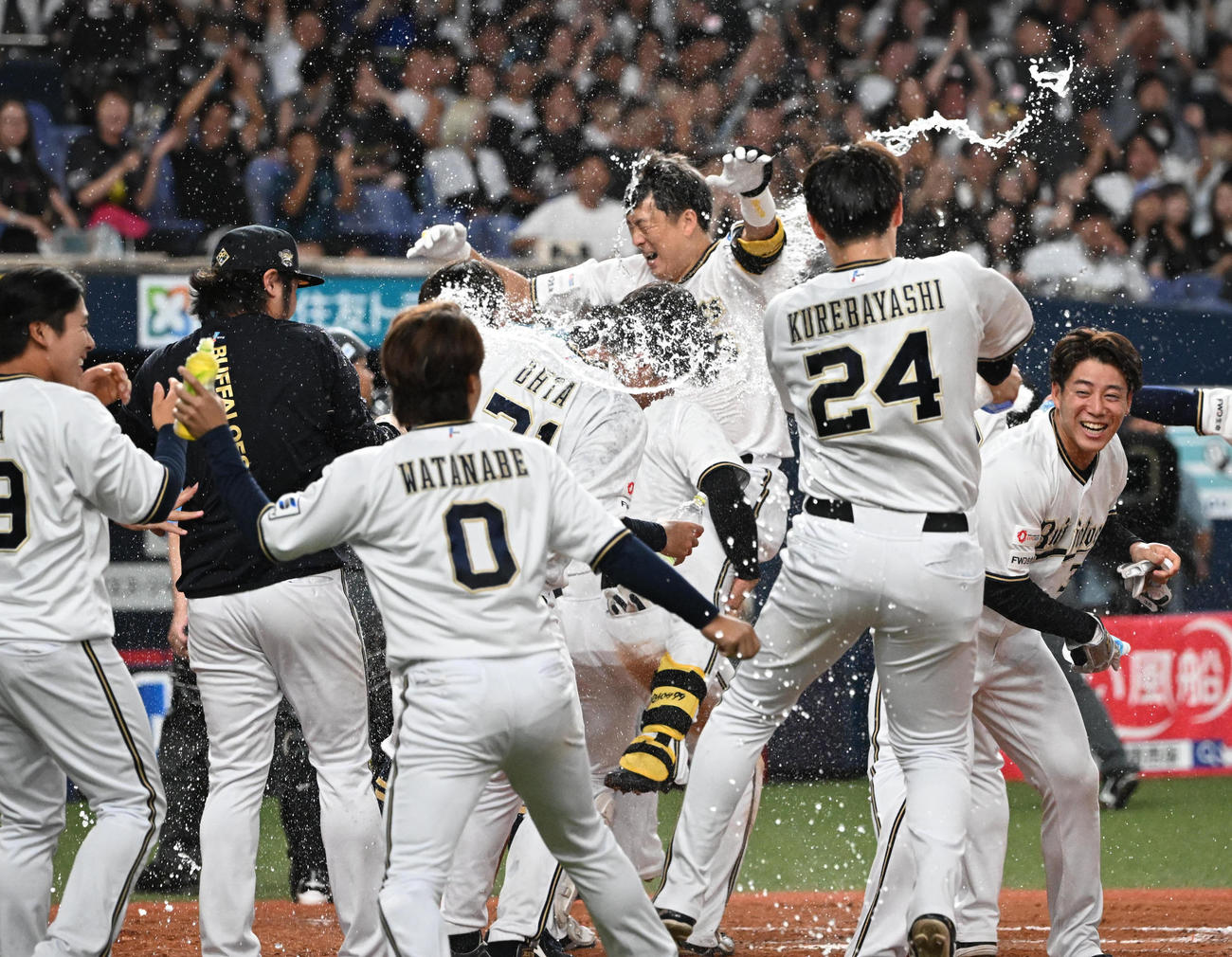 オリックス対ロッテ　9回裏オリックス2死、右中間にサヨナラ本塁打を放った杉本（中央）はバンザイをしながら生還する（2024年8月23日撮影）