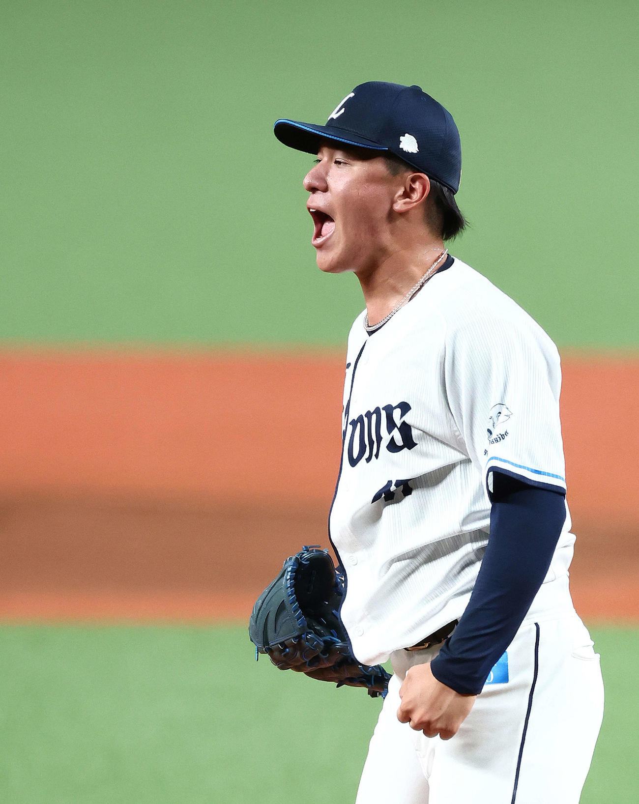 西武対楽天　2回表楽天2死一塁、太田を空振り三振に仕留める杉山（撮影・河田真司）