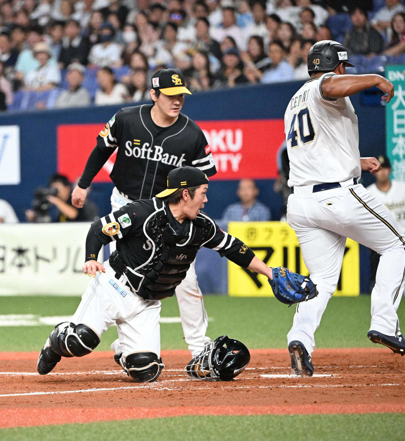 オリックス対ソフトバンク　2回裏オリックス1死二、三塁、打者若月の時、セデーニョは三本間にはさまれたものの相手失策で生還する、捕手甲斐（撮影・和賀正仁）