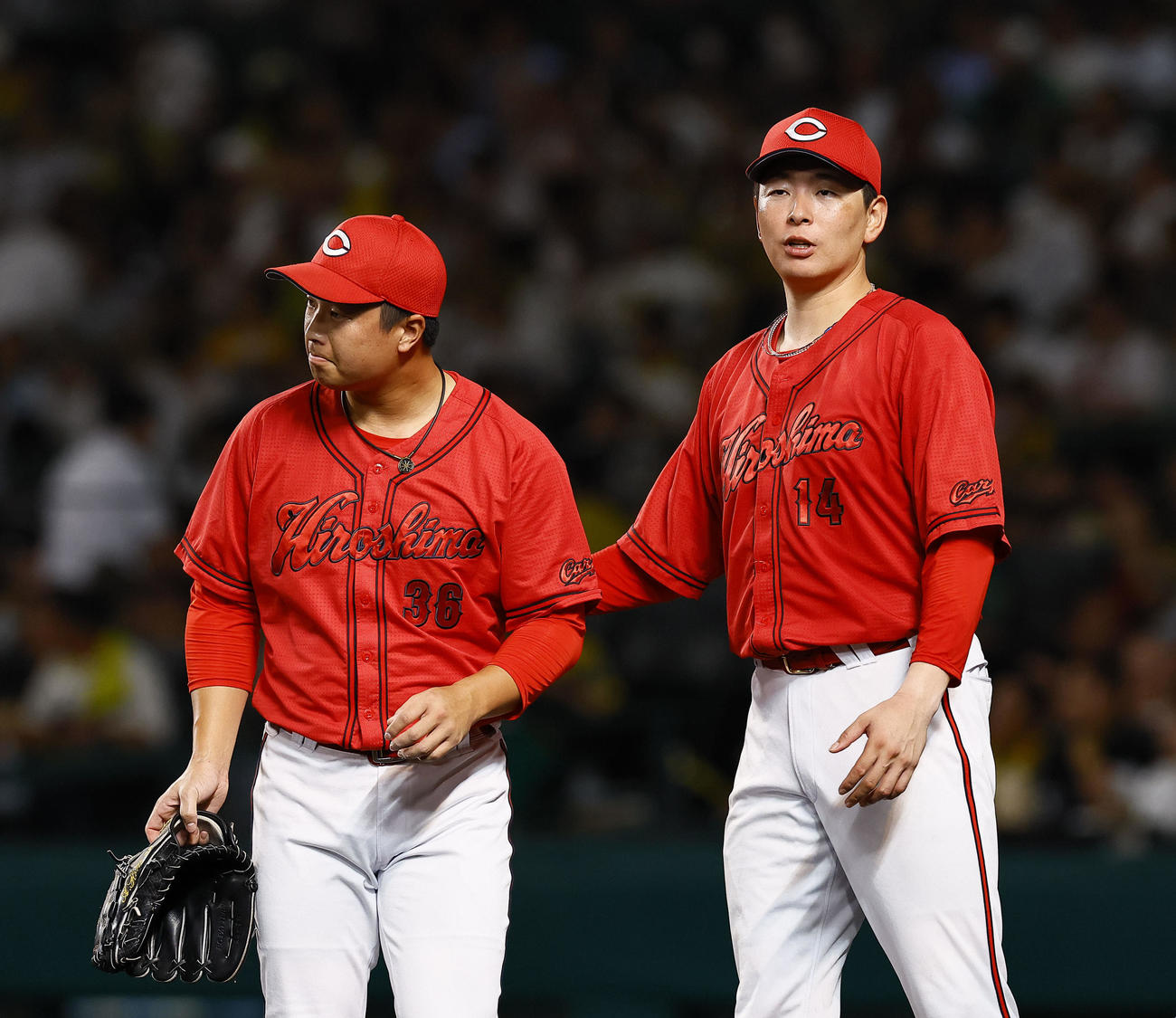 阪神対広島　5回を終え塹江（左）を出迎える広島大瀬良（撮影・藤尾明華）