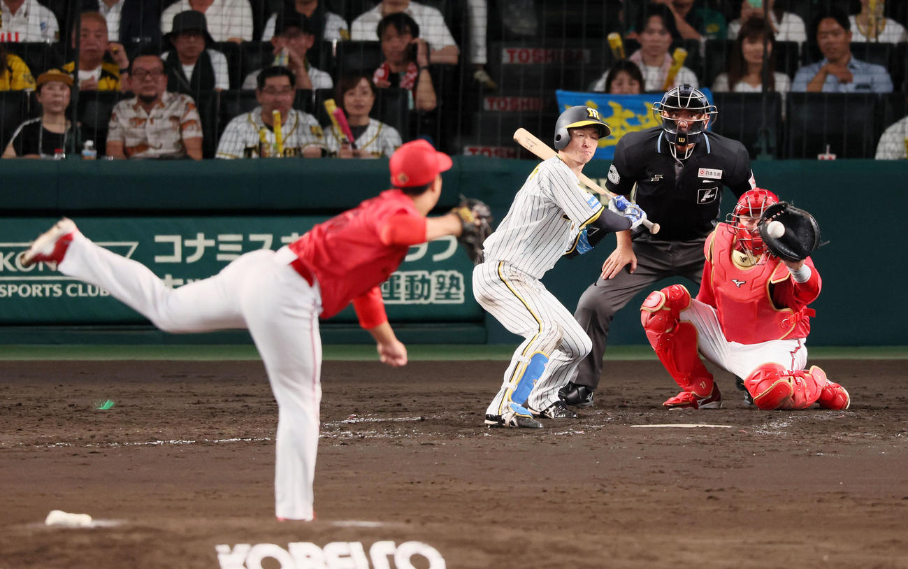 阪神対広島　5回裏阪神2死満塁、近本は押し出し四球を選ぶ。投手塹江（撮影・加藤哉）