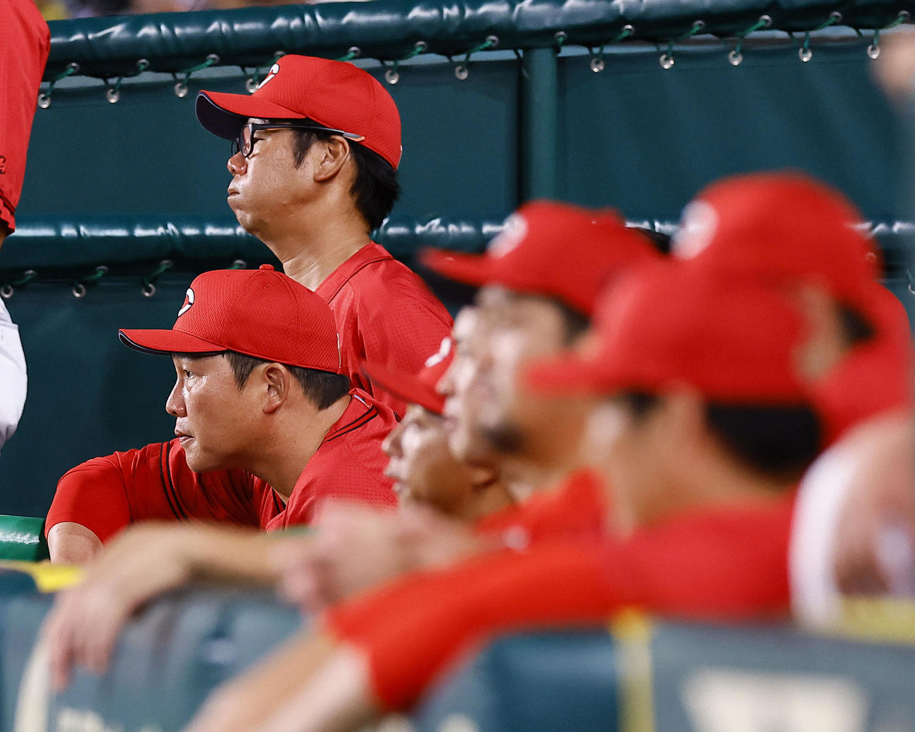 阪神対広島　9回、ベンチから試合を見つめる広島新井監督（左端）（撮影・藤尾明華）