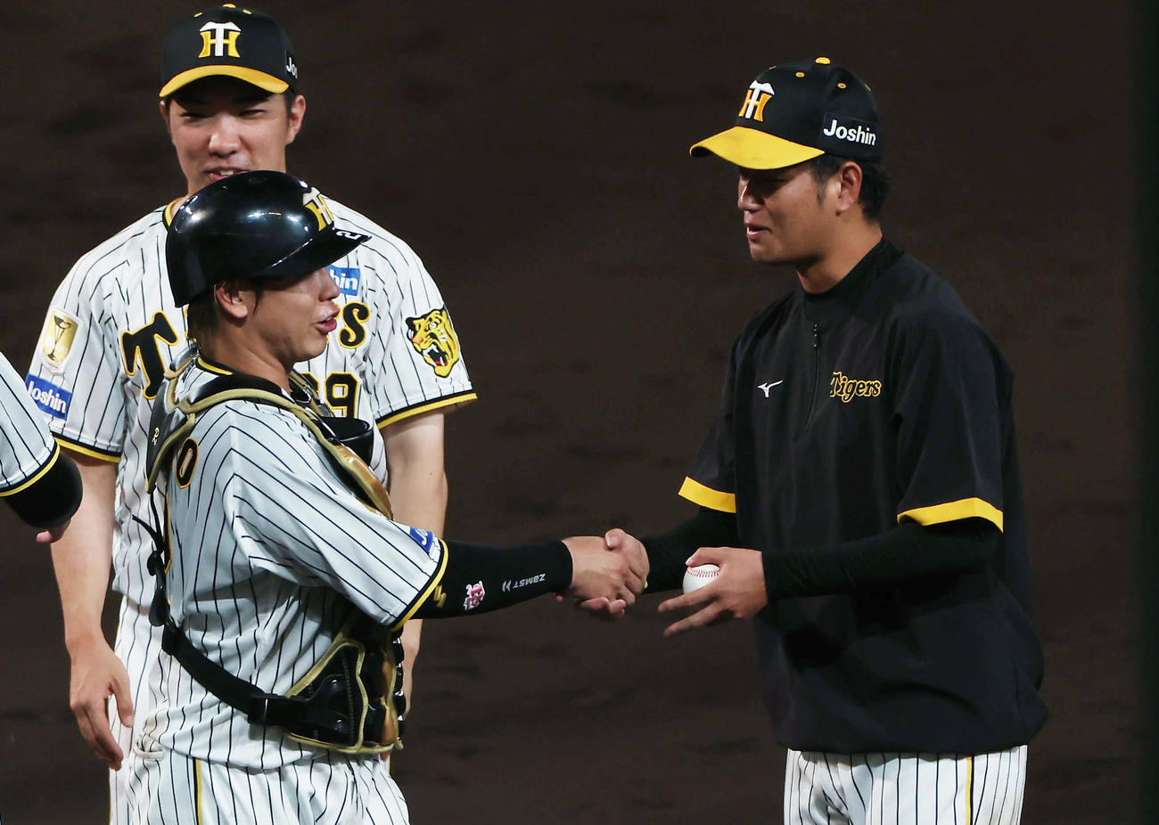 阪神対広島　広島に勝利し握手を交わす阪神梅野（左）と高橋（撮影・前田充）