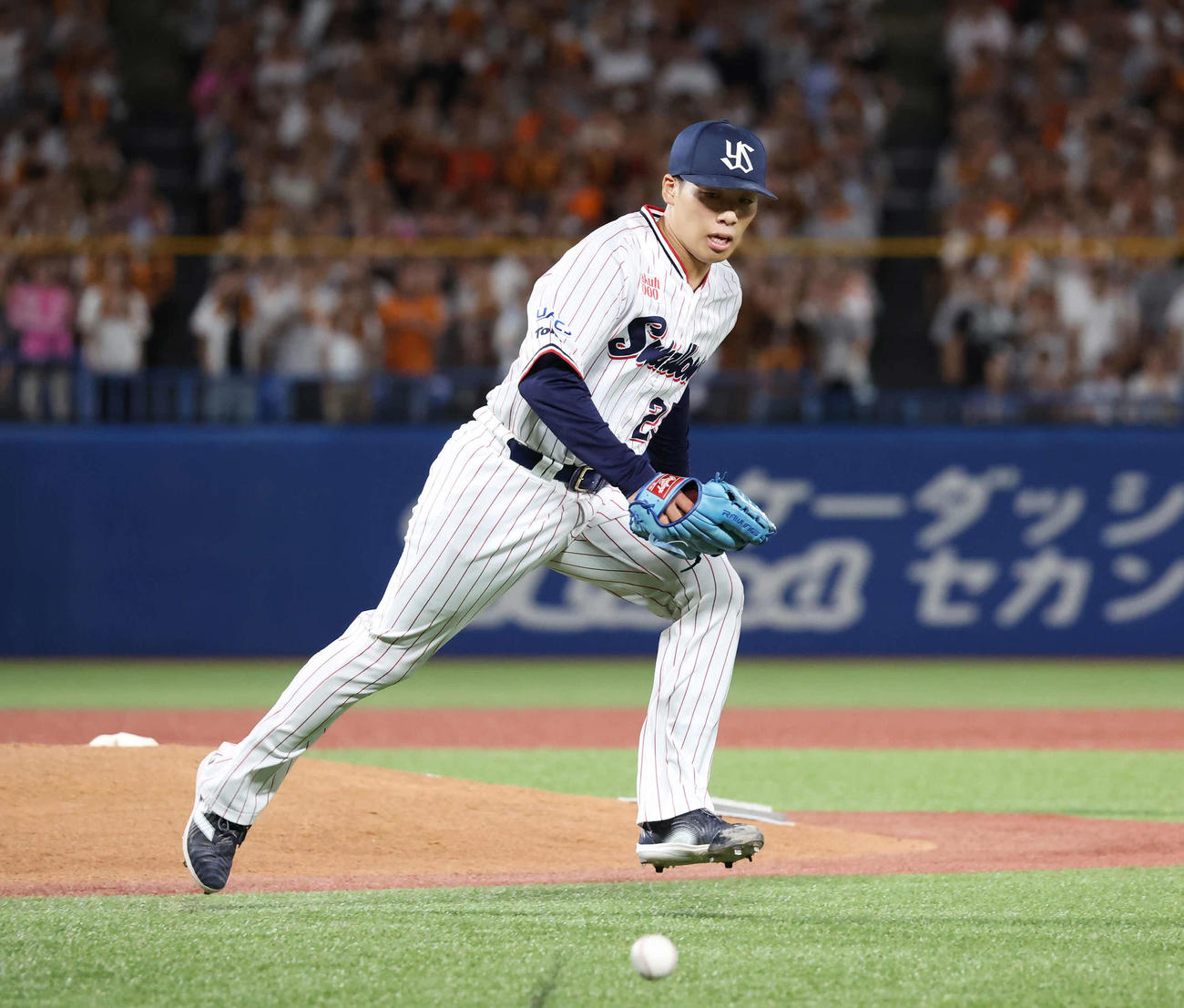 ヤクルト対巨人　4回表巨人無死、丸を一ゴロに仕留めた先発山野（撮影・丹羽敏通）