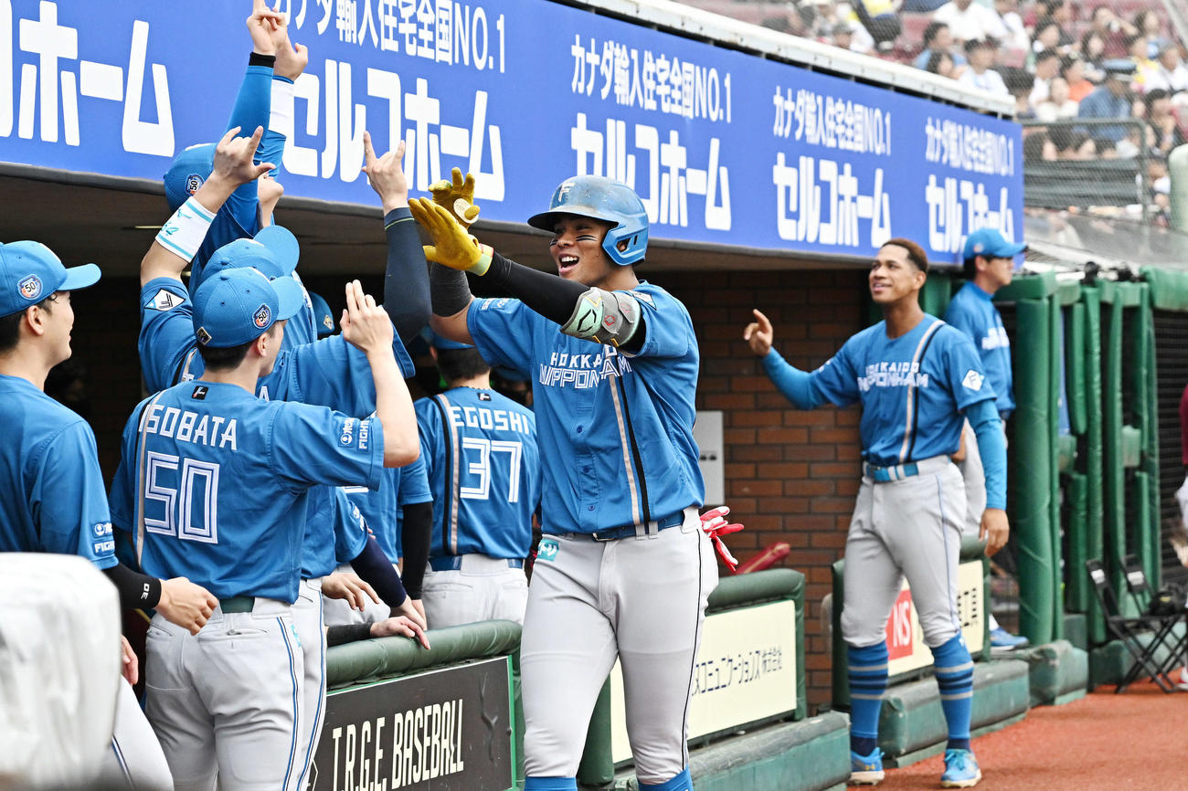 楽天対日本ハム　1回表日本ハム無死、先制ソロ本塁打を放った水谷（中央）は生還しチームメートとタッチをかわす（撮影・滝沢徹郎）