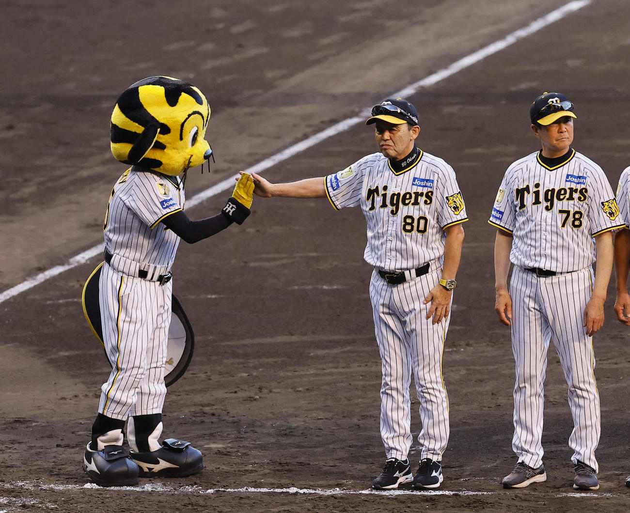 阪神対広島　サヨナラ勝ちし、トラッキーとタッチを交わす岡田監督（中央）（撮影・藤尾明華）