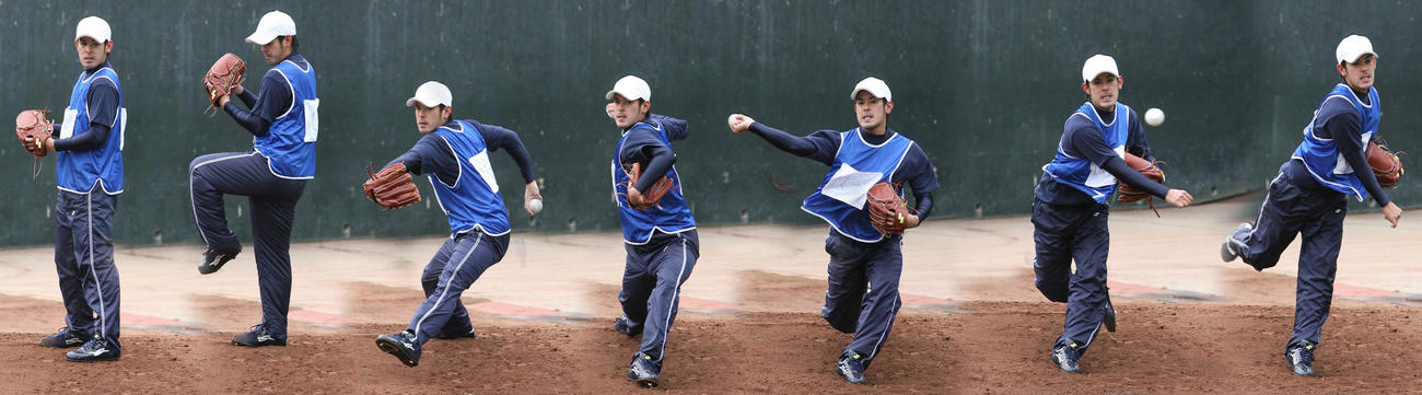 2010年オリックス新人合同自主トレでブルペンに入って投球練習をする比嘉幹貴の連続写真
