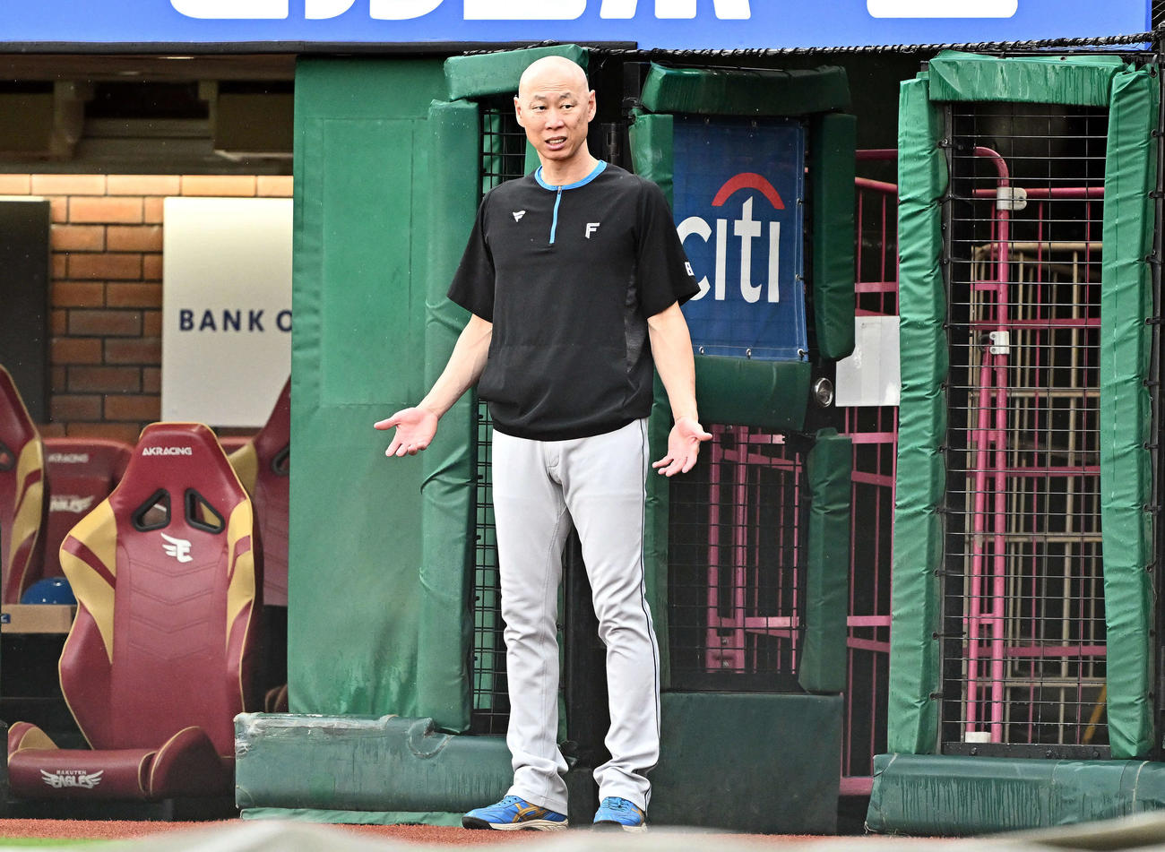楽天対日本ハム　グラウンドに出て雨を確認する日本ハム森本コーチ（撮影・滝沢徹郎）