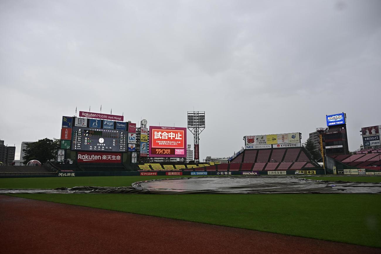 楽天対日本ハム　悪天候で試合中止となる（撮影・滝沢徹郎）