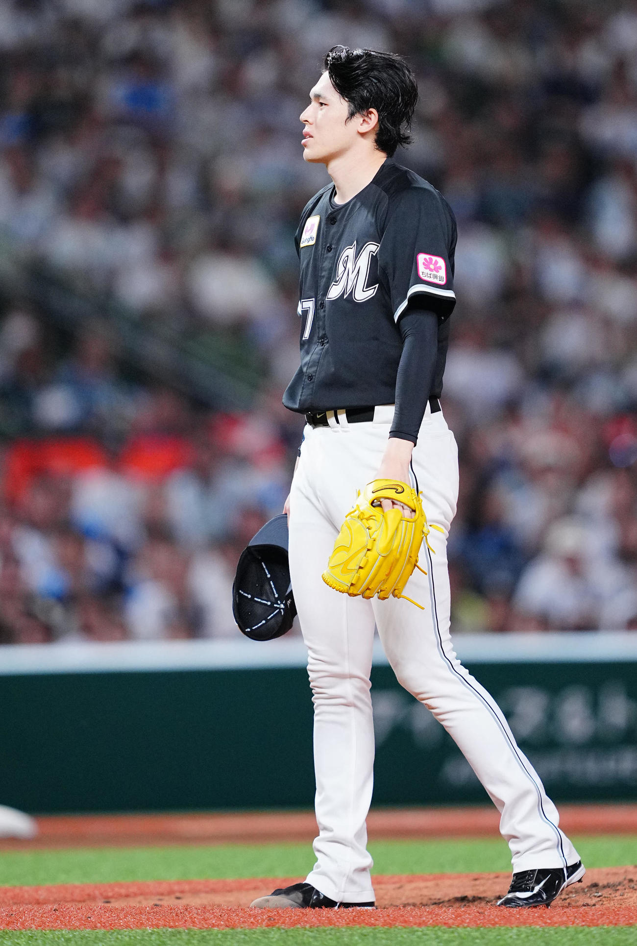 西武対ロッテ　7回裏西武無死、野村大の頭部に死球をあて厳しい表情の佐々木（撮影・垰建太）