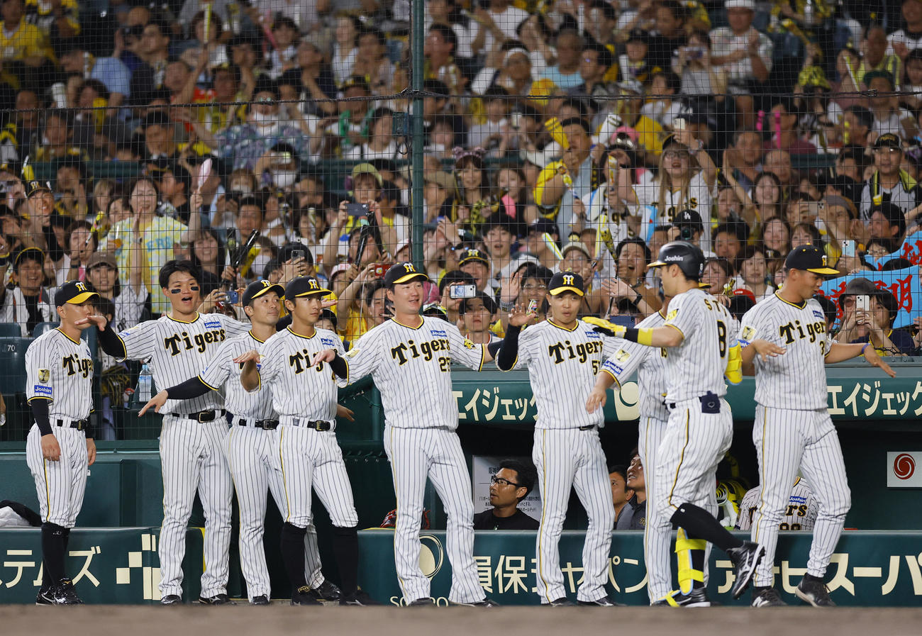 阪神対ヤクルト　2回裏阪神1死、佐藤輝は右越えに同点本塁打を放ちナインに出迎えられる（撮影・藤尾明華）
