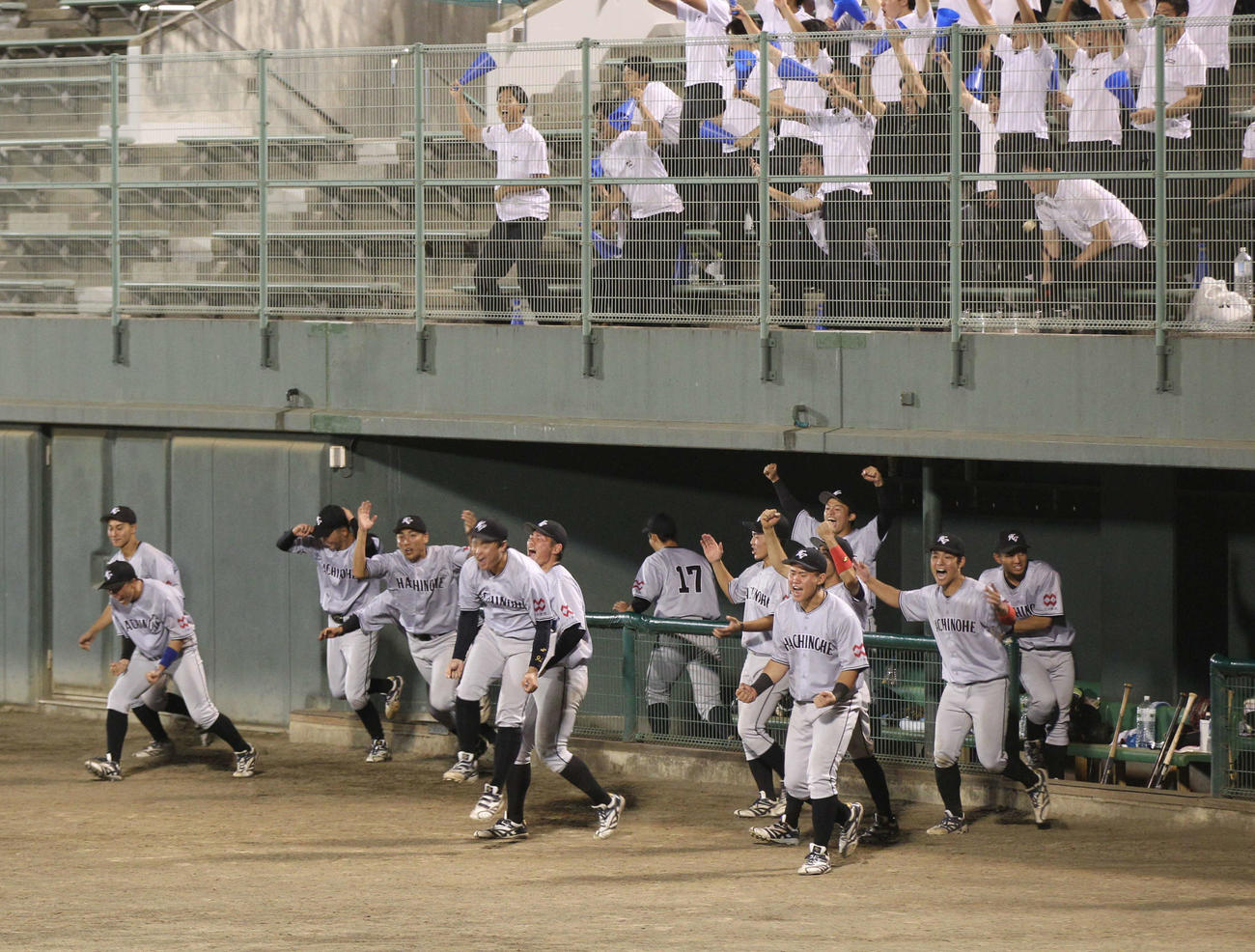 勝利の瞬間ベンチから駆け出す八戸学院ナインら（撮影・高橋香奈）