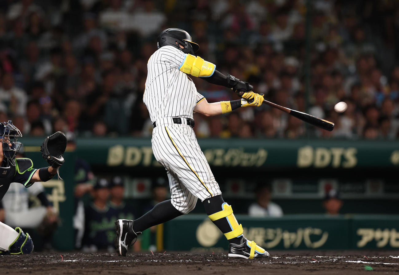 阪神対ヤクルト　2回裏阪神1死、右越え同点本塁打を放つ佐藤輝（撮影・前田充）
